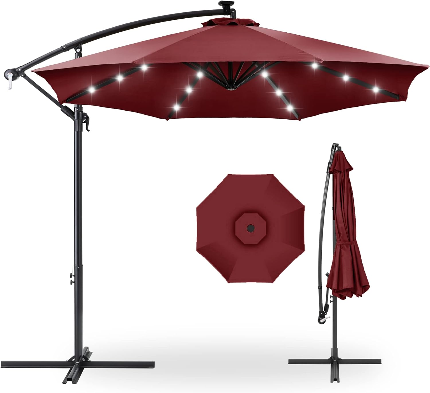 Best Choice Products 10ft Solar LED Offset Hanging Market Patio Umbrella for Backyard, Poolside, Lawn and Garden w/Easy Tilt Adjustment, Polyester Shade, 8 Ribs - Burgundy