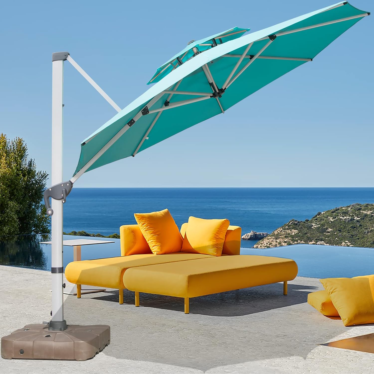 Mojia 11 FT Cantilever Patio Umbrella with Cross Base Included - 360 Rotation Offset Umbrella Large Heavy Duty Outdoor Umbrella for Pool, Turquoise Blue