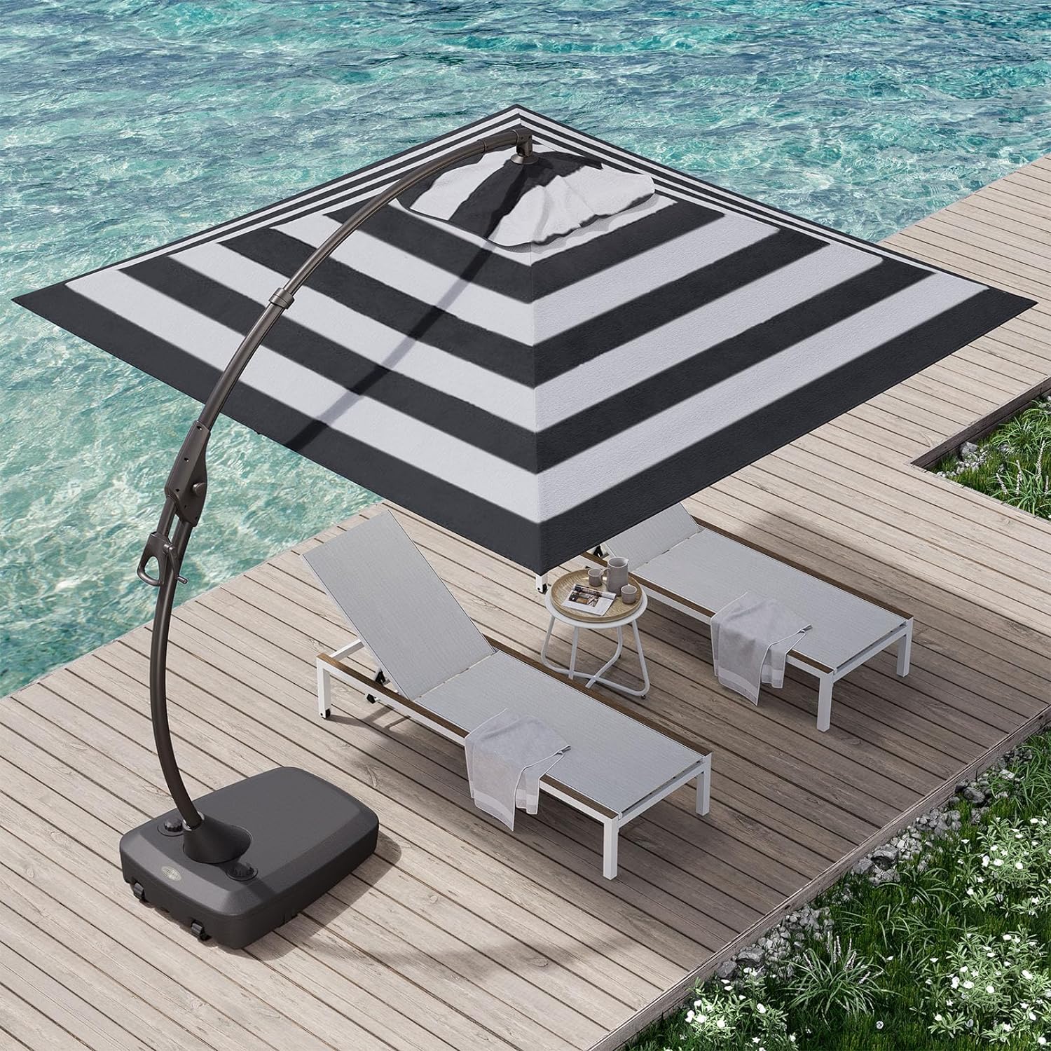 Grand patio Deluxe 10x10 FT NAPOLI Outdoor Umbrella with Weighted Base,Curvy Aluminum Cantilever Umbrella, Round Large Offset Umbrellas for Garden Deck Pool,Black&White