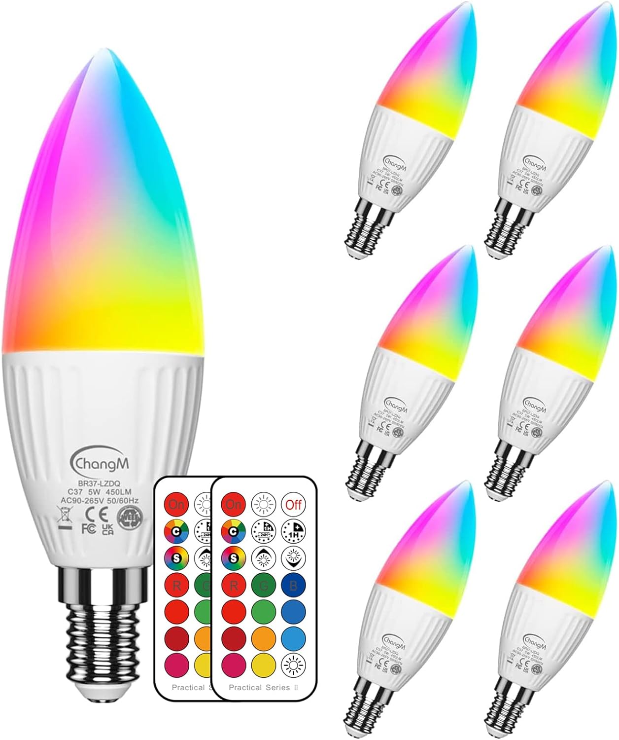 E12 LED Light Bulbs 5W,40W Equivalent, Small Base B11 Candelabra Light Bulbs, Set of 6 LED Color Changing Light Bulbs, Dimmable Color Candle Bulb with Remote Control RGB Cool White 5700K