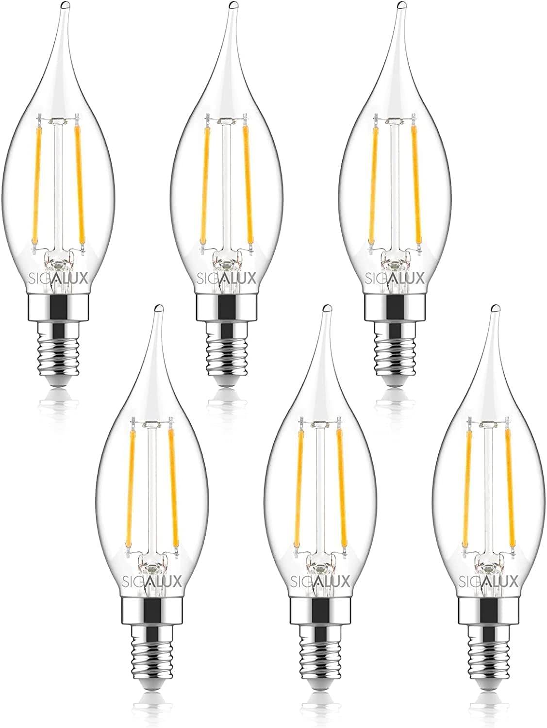 Sigalux Candelabra LED Light Bulbs Dimmable, E12 40 Watt Chandelier Light Bulbs, CA10 Flame Tip Candle Light Bulbs, 5000K Daylight, E12 LED Bulb for Chandeliers, Ceiling Fan, Pendant, 6 Pack