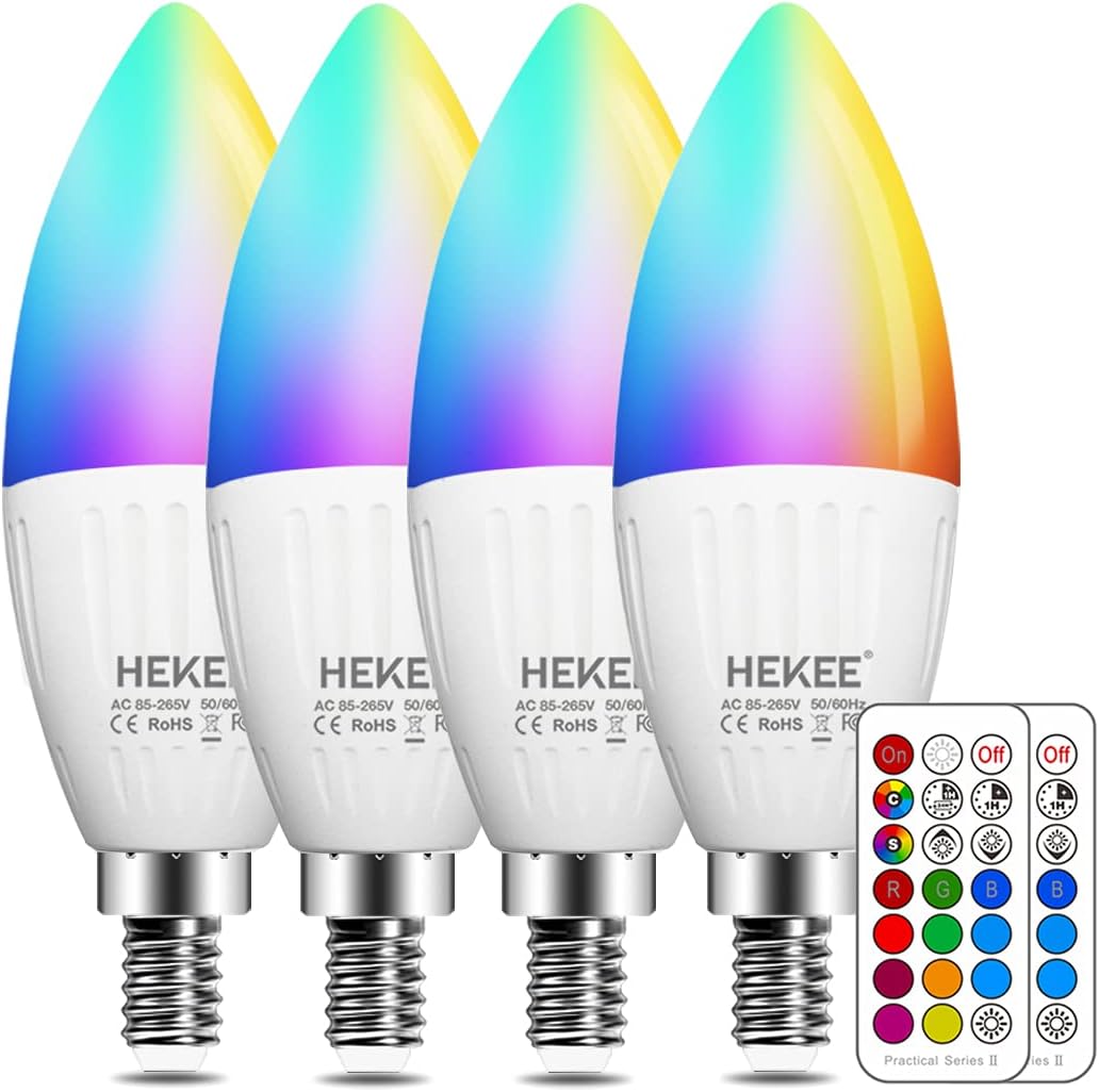 HEKEE E12 LED Candelabra Light Bulbs, Color Changing Candle, B11 40W Incandescent Equivalent, 450 Lumen, RGB + 2700K Warm White, 5Watt, 12 Colors, 2 Modes, Timer, Remote Control(4 Pack)