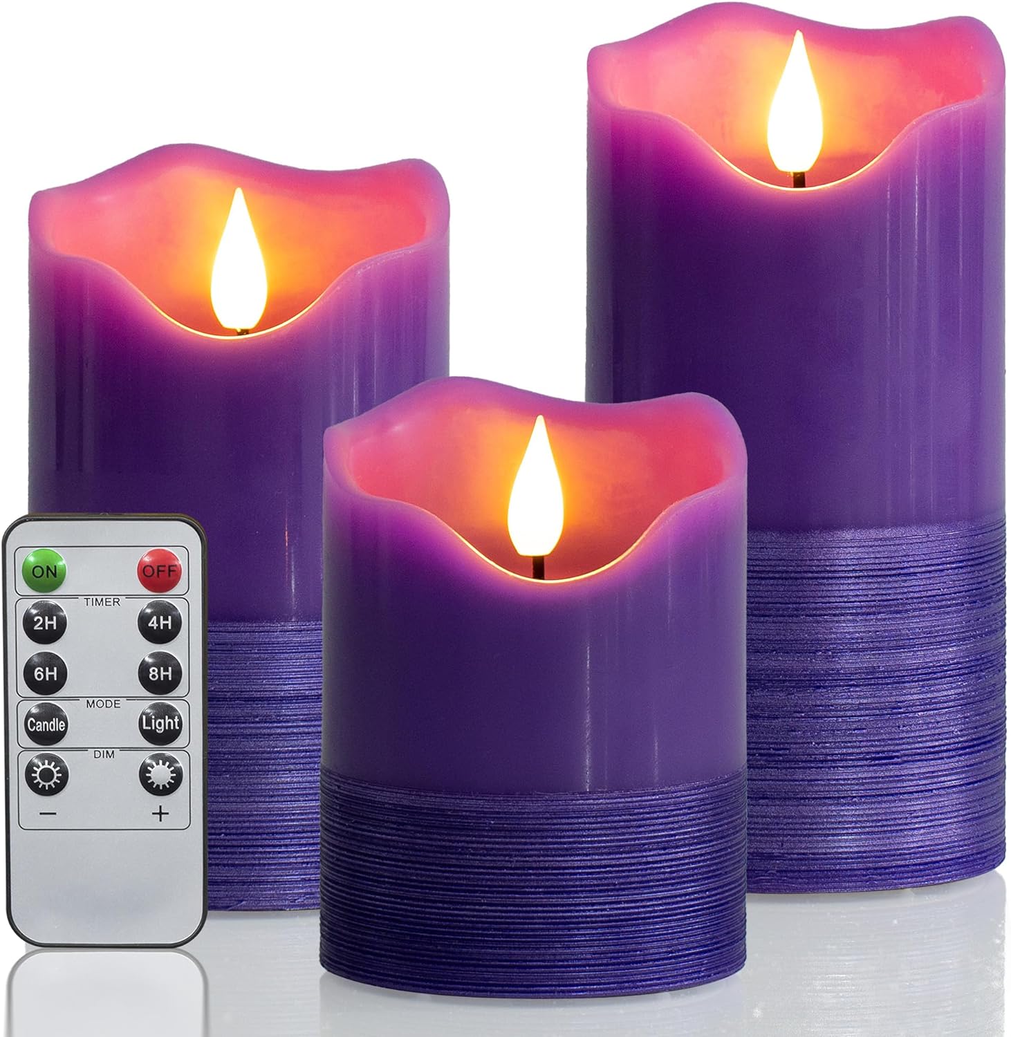 HN HAIINAA Purple Flameless Candles Battery Operated Halloween Real Wax LED Flickering Pillar Candles with Remote Set of 3 Indoor Halloween Window Table Decor(D3 H4 5 6)