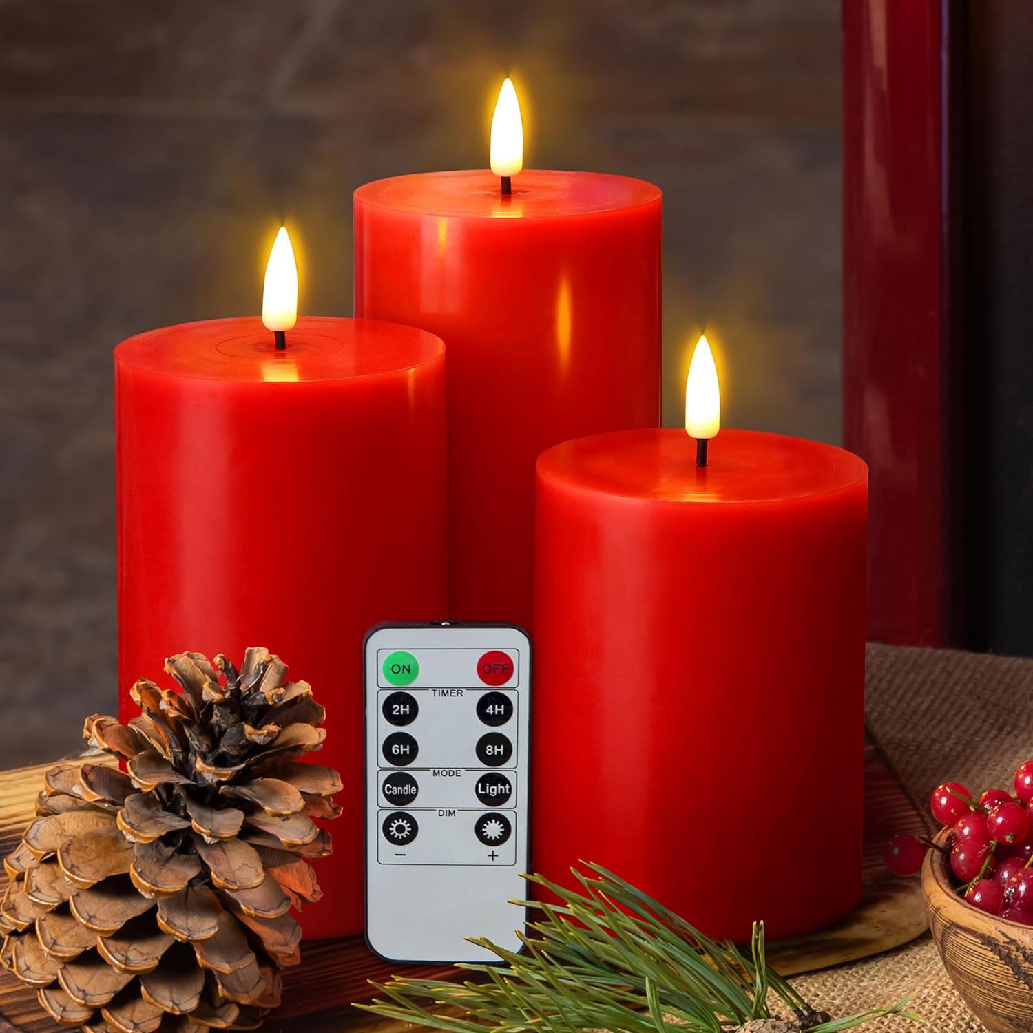 Eywamage Red Flickering Flameless Pillar Candles with Remote, Real Wax Battery Operated Christmas LED Candles Set of 3
