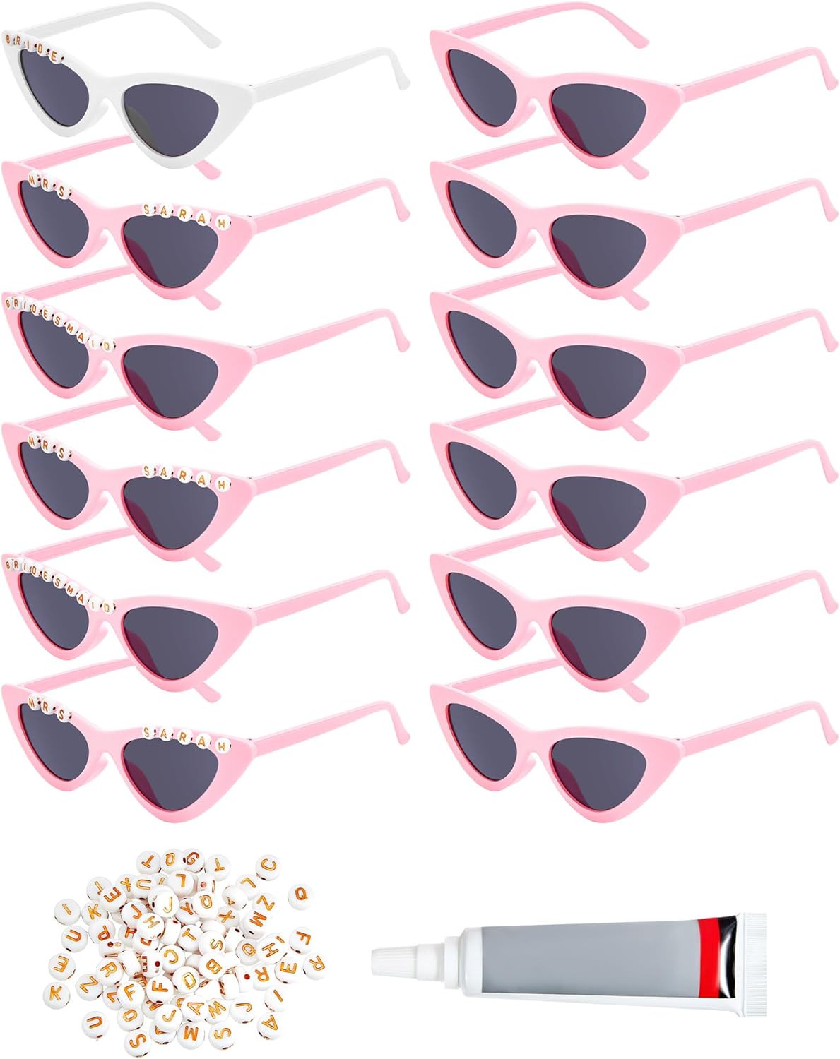 Kanayu 12 Pcs Bachelorette Sunglasses Bride Bridesmaid Sunglasses Cat Eye Sunglasses 200 Pcs Letter Beads for Wedding Favors