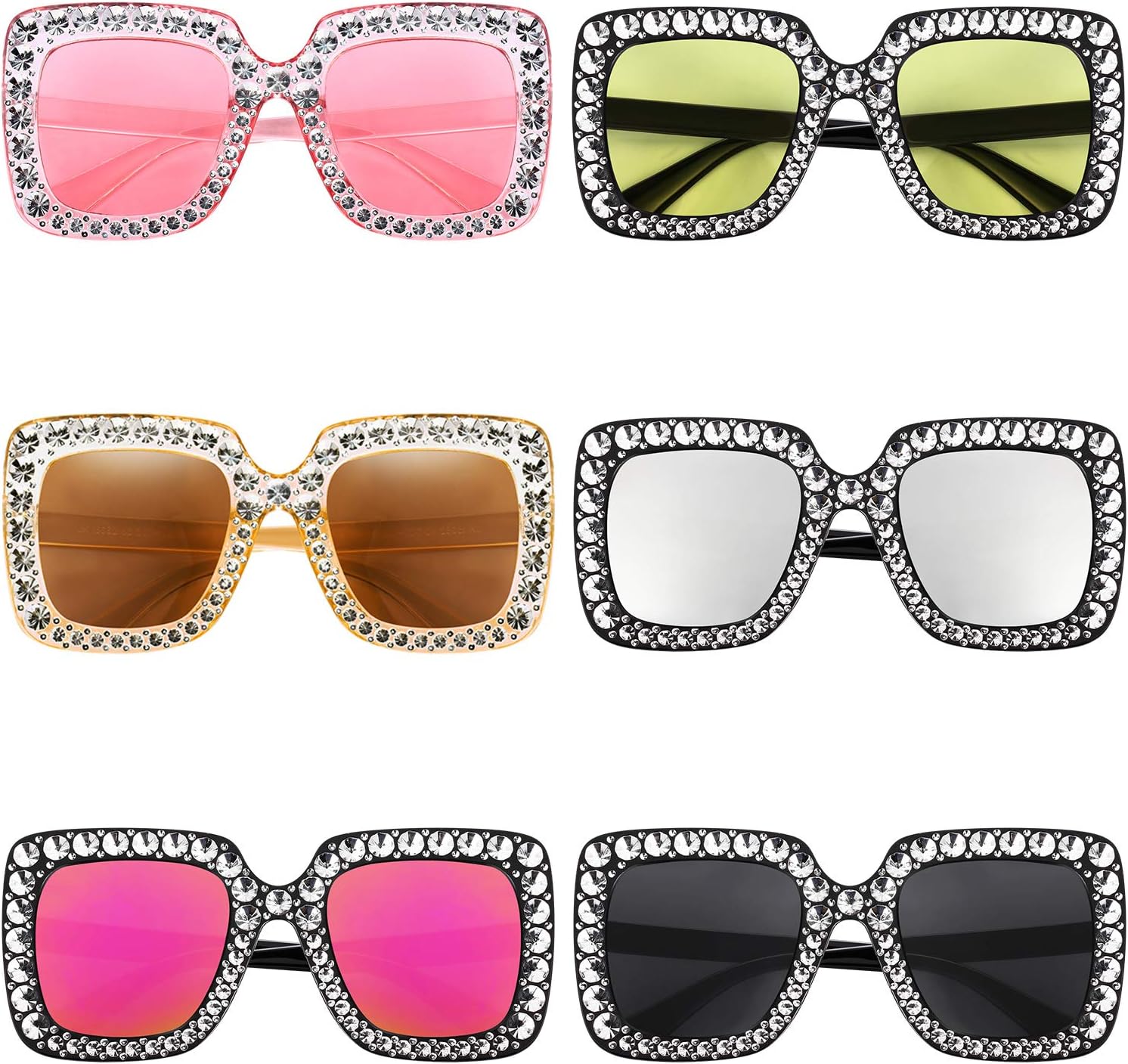 Frienda 6 Pairs Crystal Oversized Square Sunglasses Diamond Glitter Sunglasses Retro Thick Frame Sunglasses