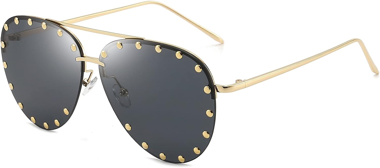 Dollger Studded Sunglasses for Women Fashion Studded Aviator Sunglasses Metal Frame UV 400