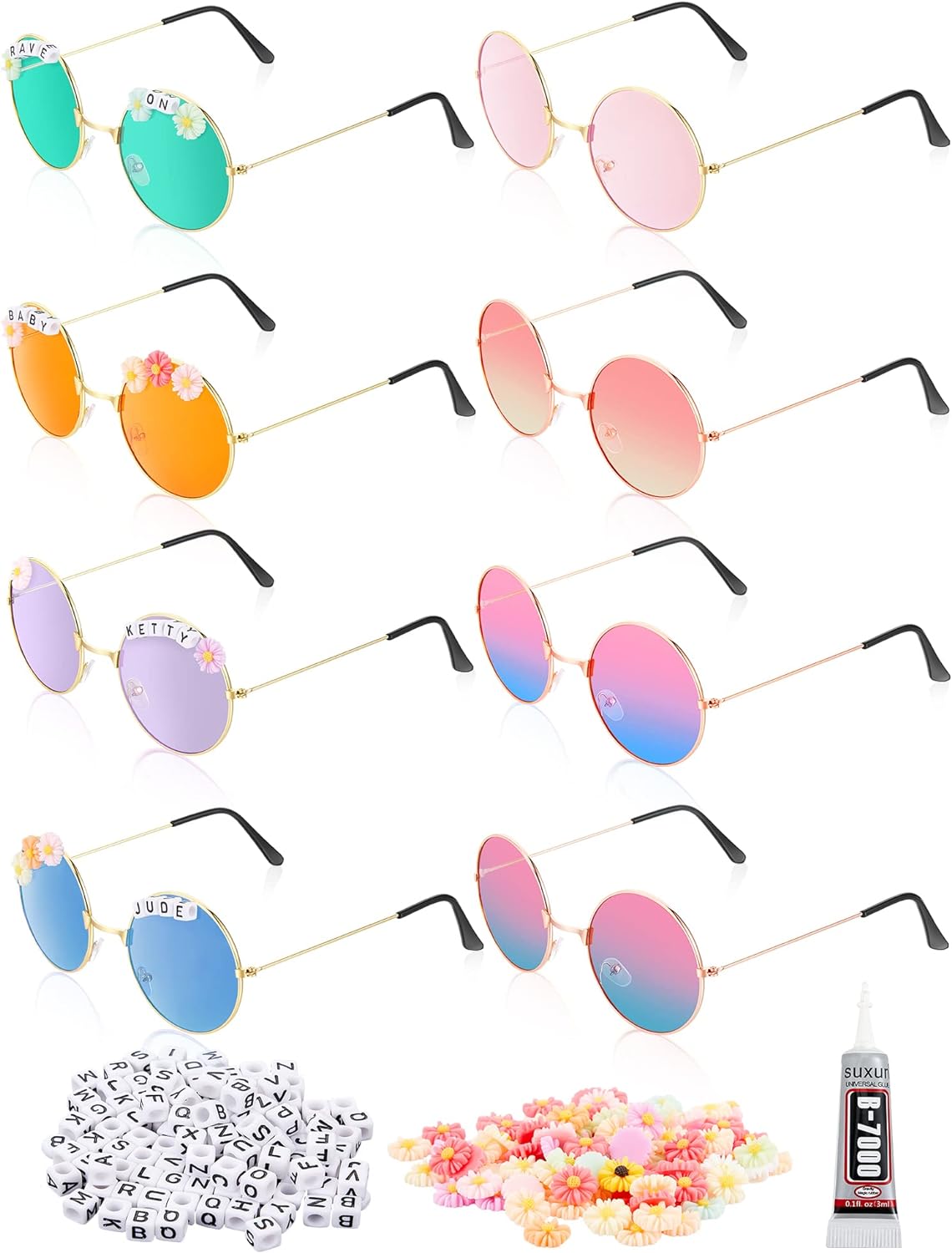 8 Pairs DIY Adult Round Sunglasses Hippie Circle Sunglasses with 200 Letter Beads 50 Daisy Beads and Glue for Women Men