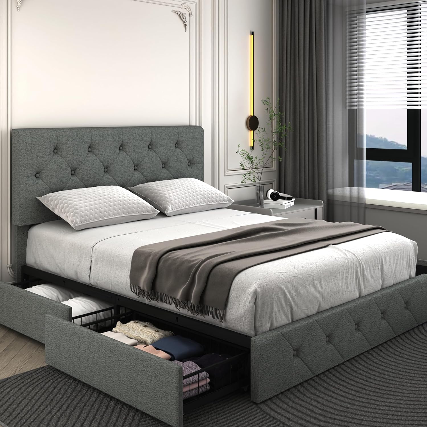 Wancla Queen Size Bed Frame Platform with 4 Storage Drawers, Adjustable Tufted Button Leathaire Headboard, No Need for a Box Spring, Wood Slat Support, Easy to Assemble, in Dark Grey