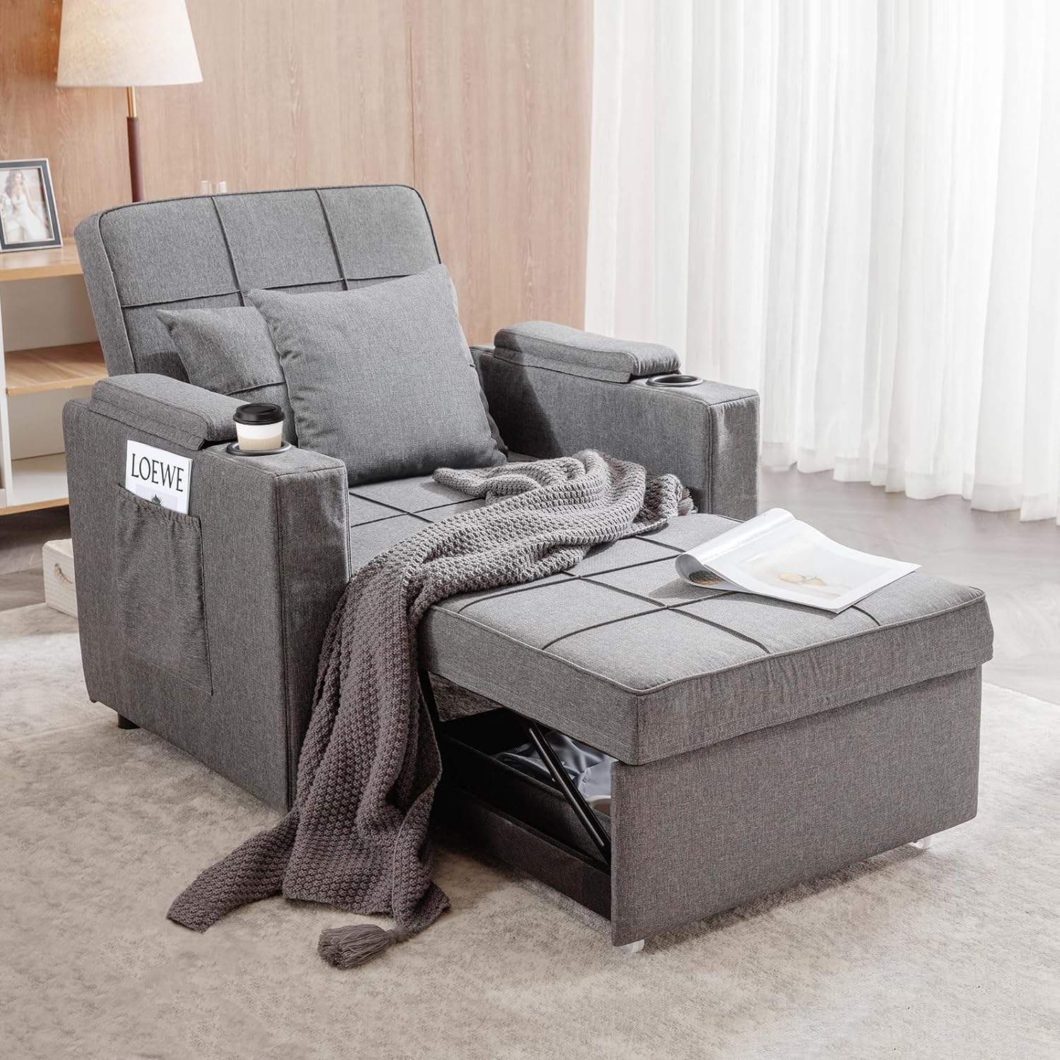 This sofa bed is wide and comfortable. The backrest can be adjusted to different angles, allowing for personalized comfort. Additionally, it features a USB charging port, which adds convenience for charging devices. Its versatile design allows it to be used as a single bed for sleeping. The surface material is soft, providing a cozy feel, and there are extra soft cushions on both sides for added comfort. Installation is simple, making it easy to set up at home.