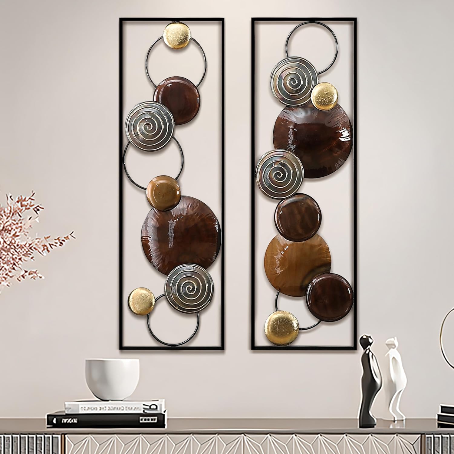 LuxenHome Metal Wall Art, 36 Abstract 2 Pieces Wall Decorations Metal Wall Decor, Brown Wall Decor Living Room with Frame, Metal Art Wall Decor, Hanging Wall Decor for Home, Modern Wall Art