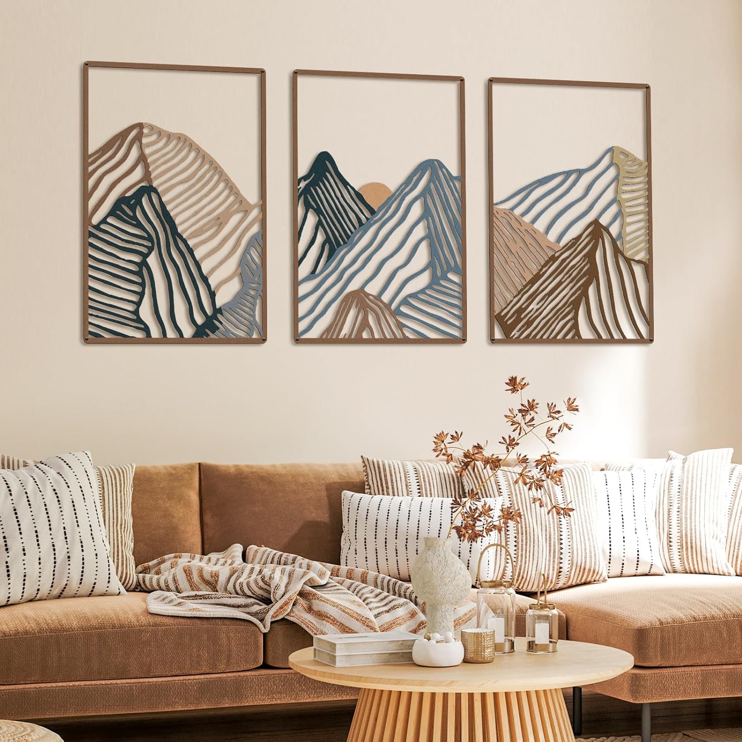 Peryiter 3 Pcs Mountain Metal Wall Art Mountain Line Wall Decor Abstract Minimalist Wall Art Rustic Nature Wall Decor for Home Bathroom Living Room(Colorful, Soft Style)