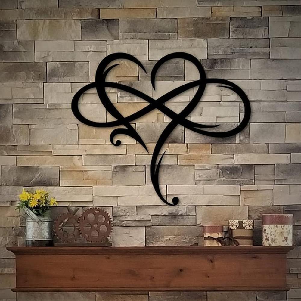 AOOLVY Infinity Heart Wall Decor, Unique Infinity Heart Metal Art Wall Decor Love Sign Steel Wall Plaques Bedroom Ornaments for Home Wedding Decor, Room Living Room Decoration (Black, 23.6x20.6inch)