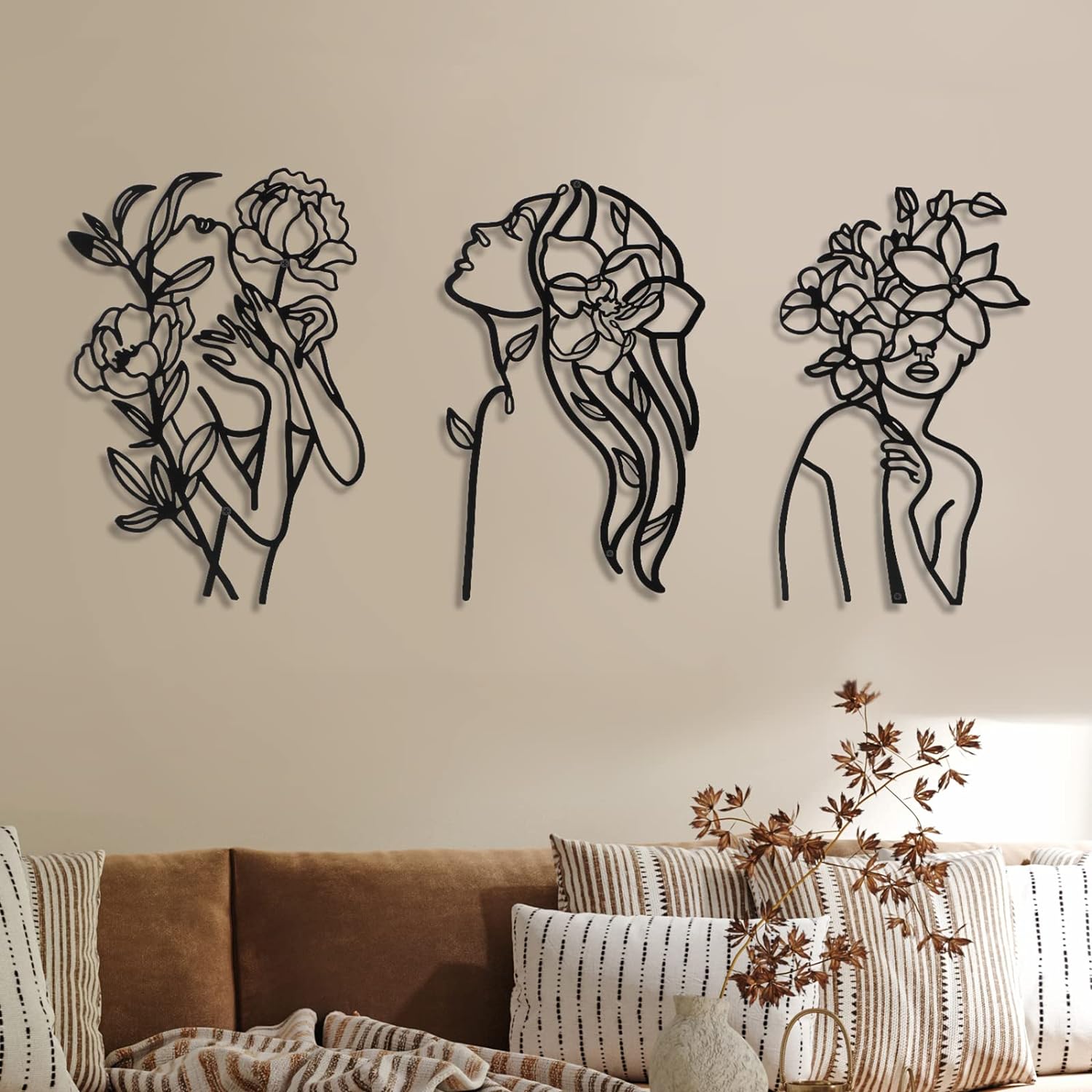 3 Pcs Metal Wall Art Decor Minimalist Abstract Woman Wall Art metal Modern Line Drawing Wall Art Decor Female Single Line Wall Home Hanging for Bedroom Kitchen Bathroom Living Room(Black, Elegant)