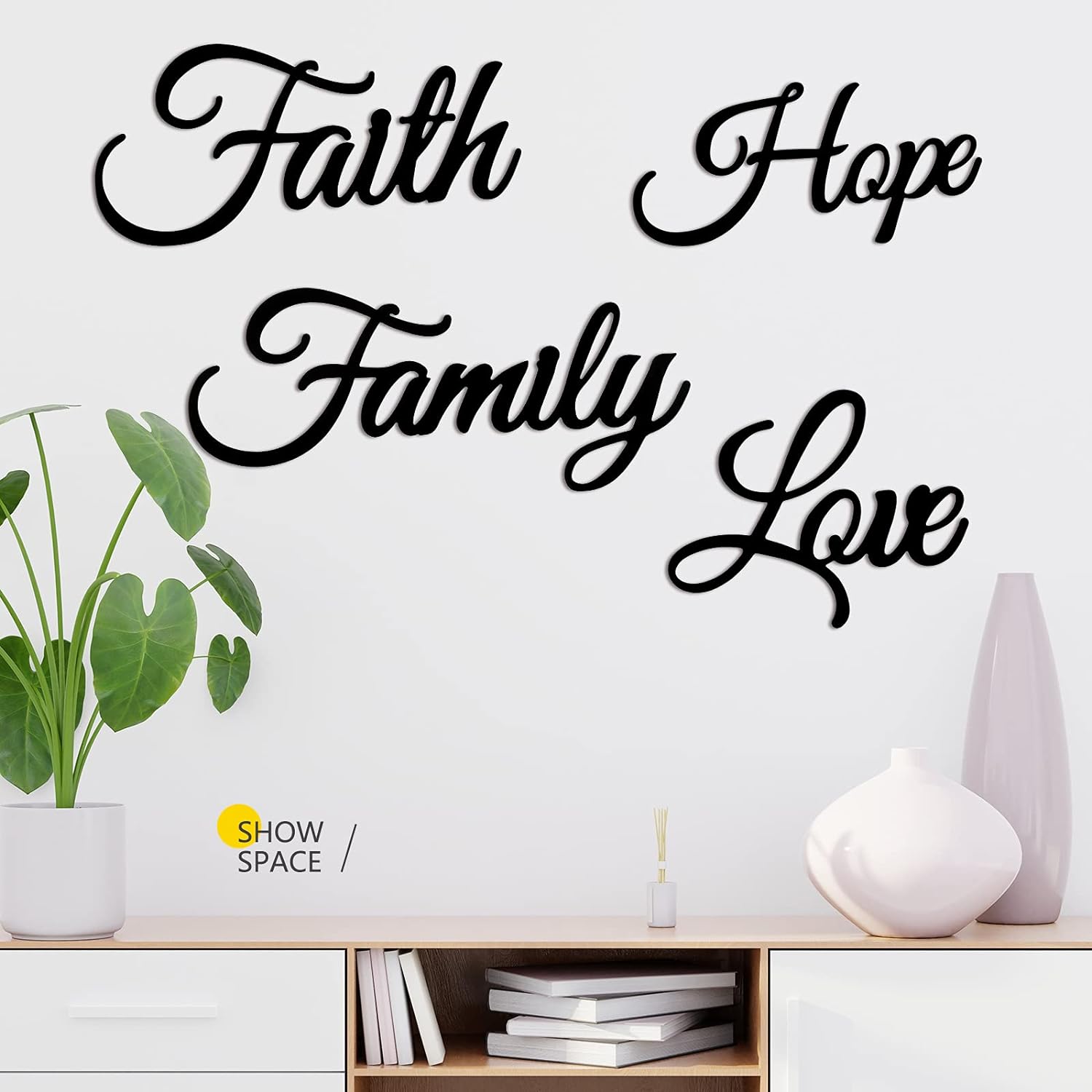 Hotop 4 Pieces Faith Love Hope Family Metal Wall Decor Rustic Vintage Farmhouse Metal Sign Black Metal Wall Art Metal Wall Word Sculpture for Home, Office, Living Room Decoration