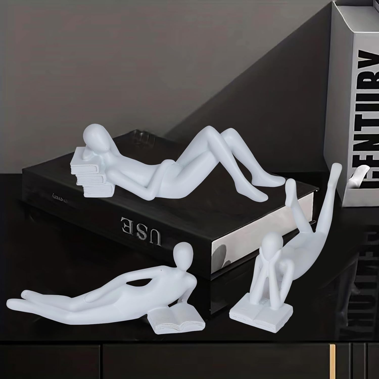 3Pcs White Statue Decor Thinker Statue Lying Reading Women Figurine Home Decor Modern Abstract Sitting Sculpture and Resin Figurines for Living Room Bookshelf Coffee Table Office Desk Shelf Decoration