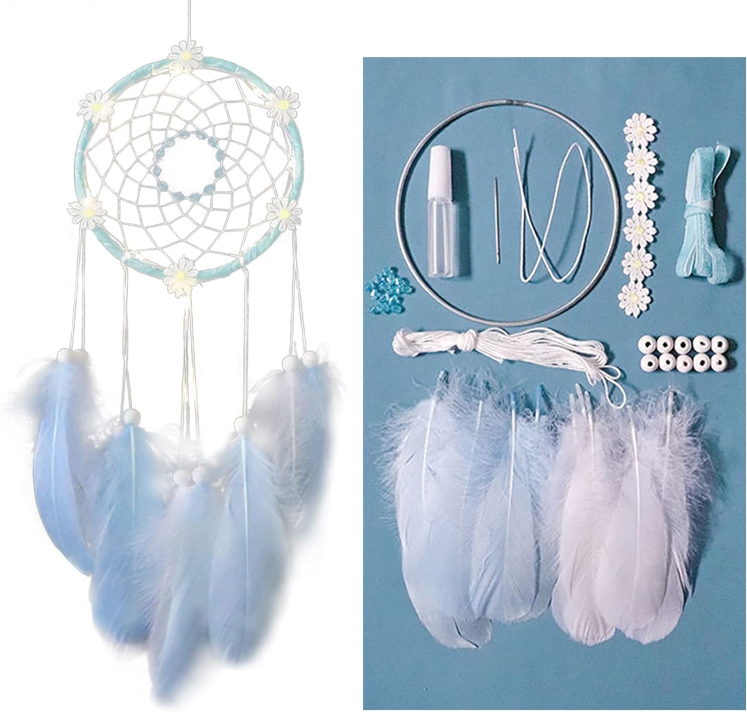 ZYNQACC DIY Dream Catcher Kit,Daisy Dream Catcher Craft Kit,Handmade Feather Dream Catcher Bedroom Wall Hanging Decor Perfect DIY Birthday Gift Box Suitable for Adults & Teens (Blue)