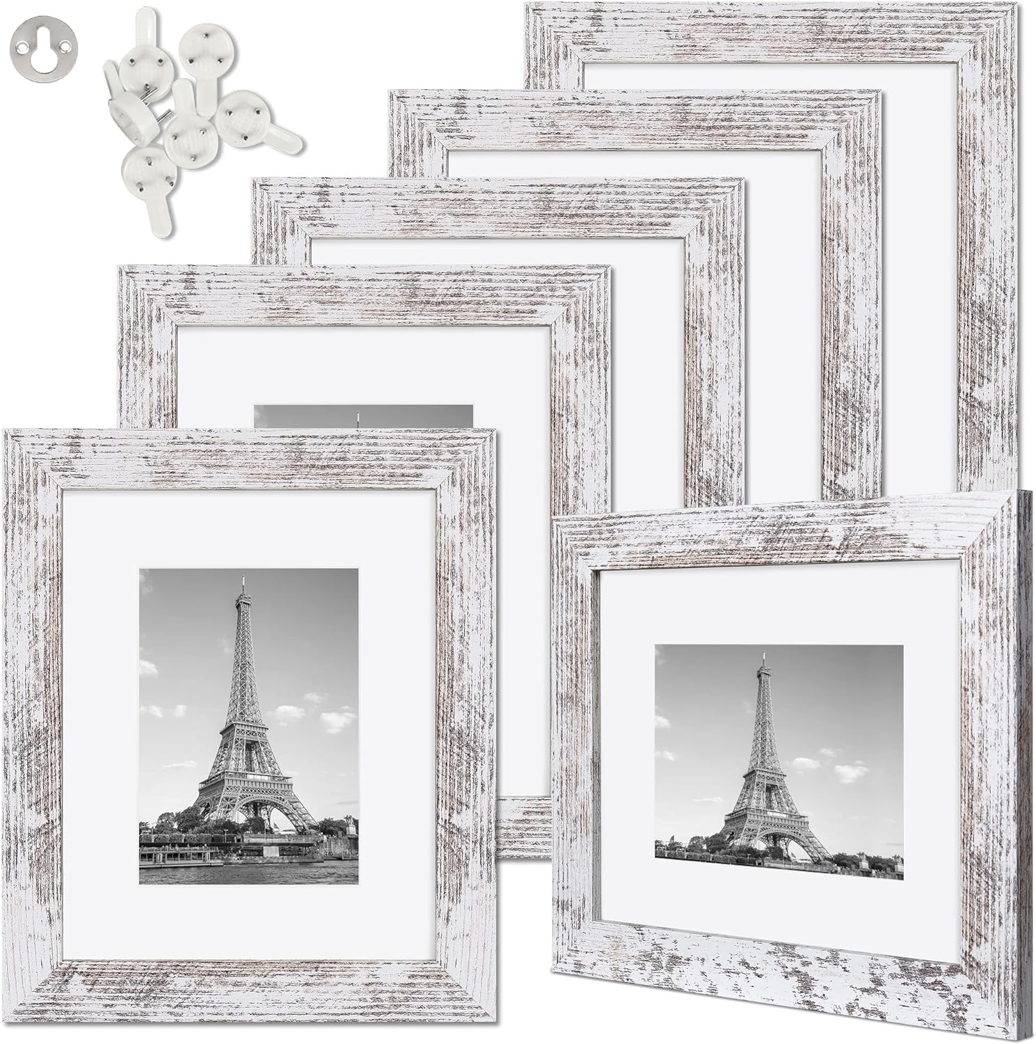 upsimples Picture Frame Distressed White with Real Glass, Display Pictures 5x7 with Mat or 8x10 Without Mat, Multi Photo Frames Collage for Wall or Tabletop Display, Set of 6