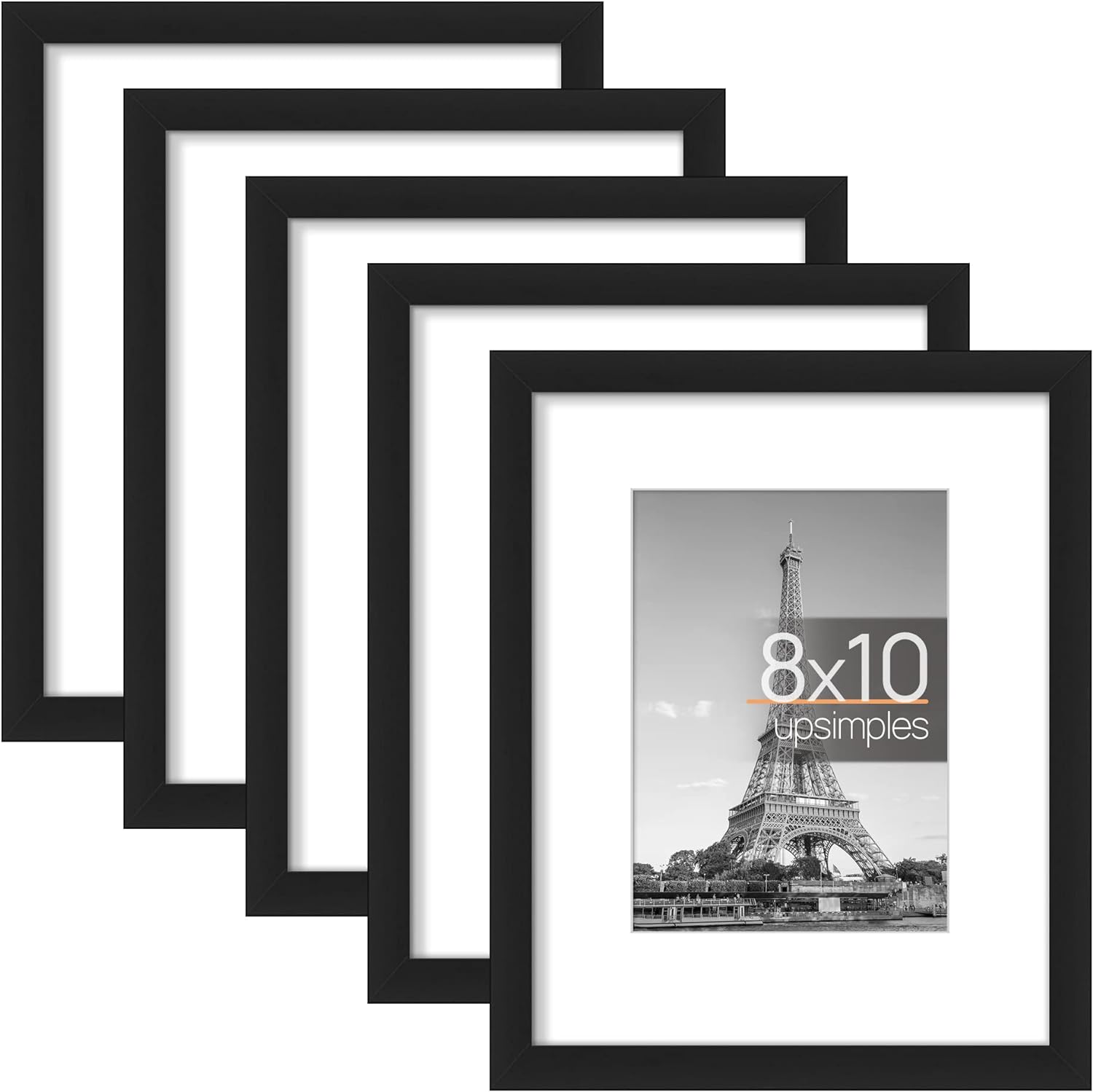 upsimples 8x10 Picture Frame Set of 5, Display Pictures 5x7 with Mat or 8x10 Without Mat, Wall Gallery Photo Frames, Black