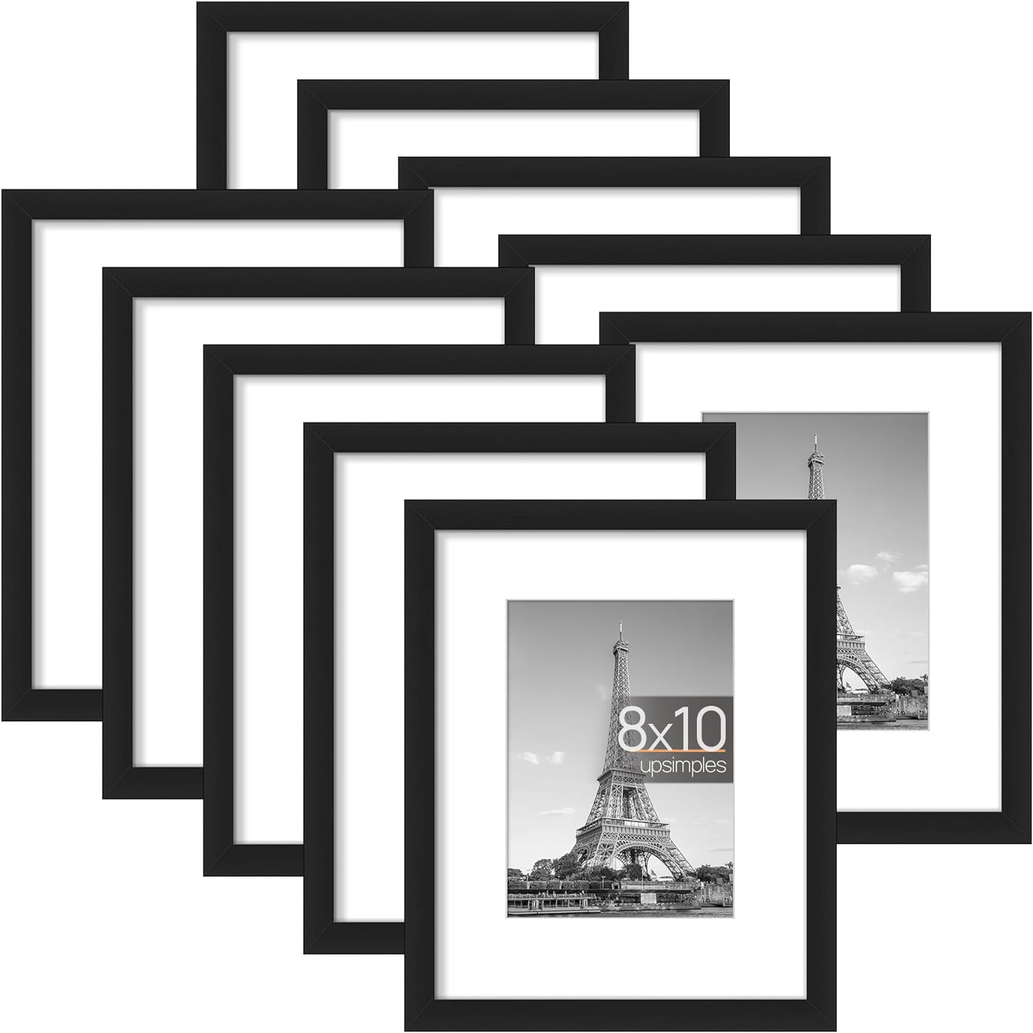 upsimples Picture Frame Set of 10, Display Pictures 5x7 with Mat or 8x10 Without Mat, Multi Photo Frames Collage for Wall or Tabletop Display, Black