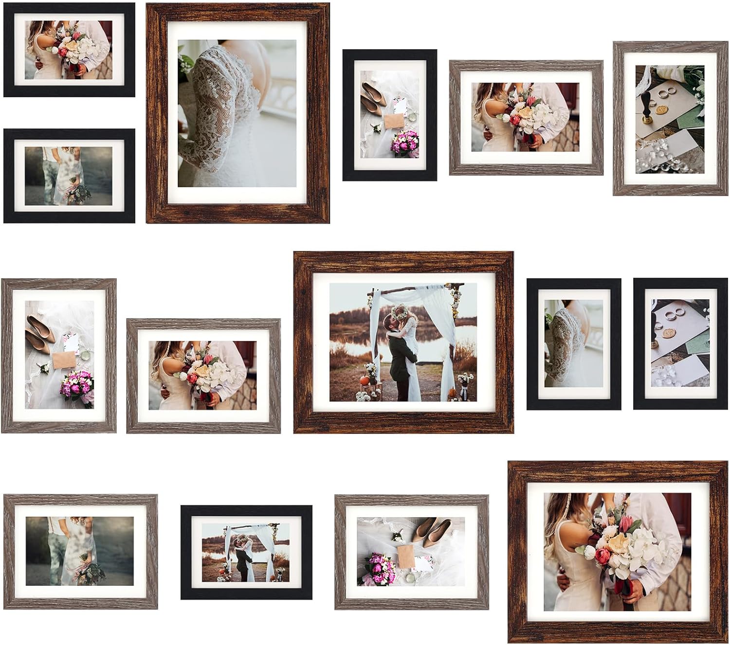 Fixwal Picture Frames Set, Picture Frames Collage 15 Pack for Wall or Tabletop with 8x10 5x7 4x6 Frames, Rustic Picture Frames in 3 Different Finishes