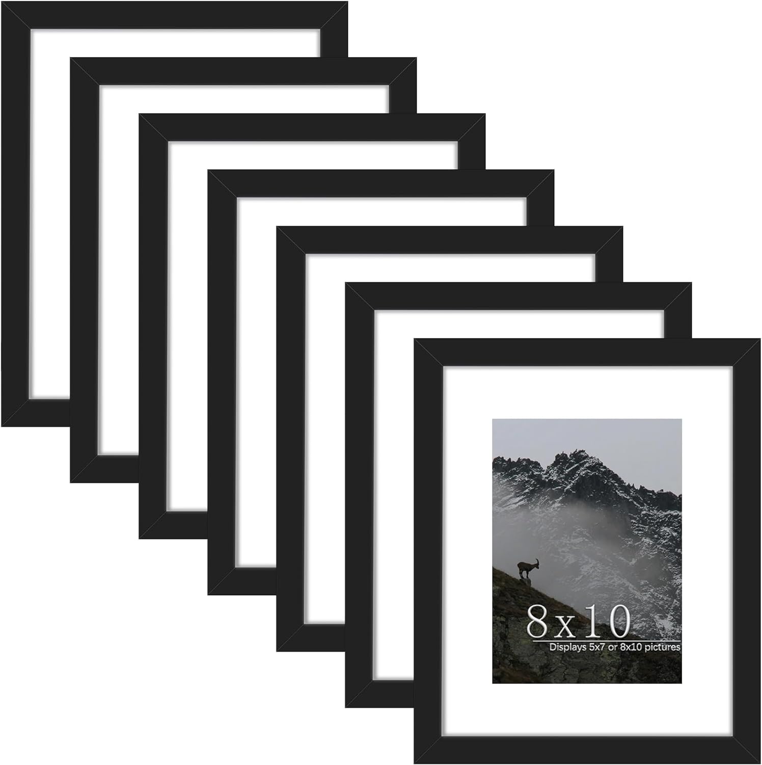 Picrit 8x10 Picture Frame Set of 7, Display 5 x 7 with Mat or 8 x 10 Without Mat, Photo Frames for Wall Mounting or Table Top Display, Black.