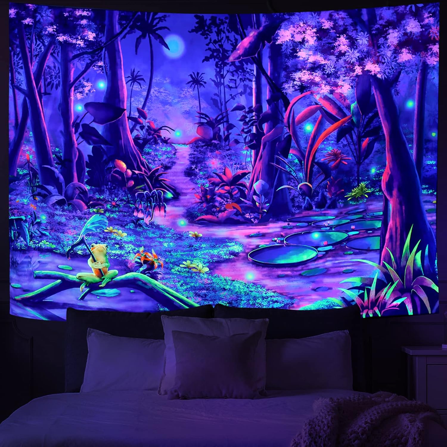 Obsecolors Blacklight Fantasy Forest Tapestry Psychedelic Plant Tapestry UV Reactive Nature Tree Tapestry Mysterious Landscape Tapestry Wall Hanging for Bedroom Living Room