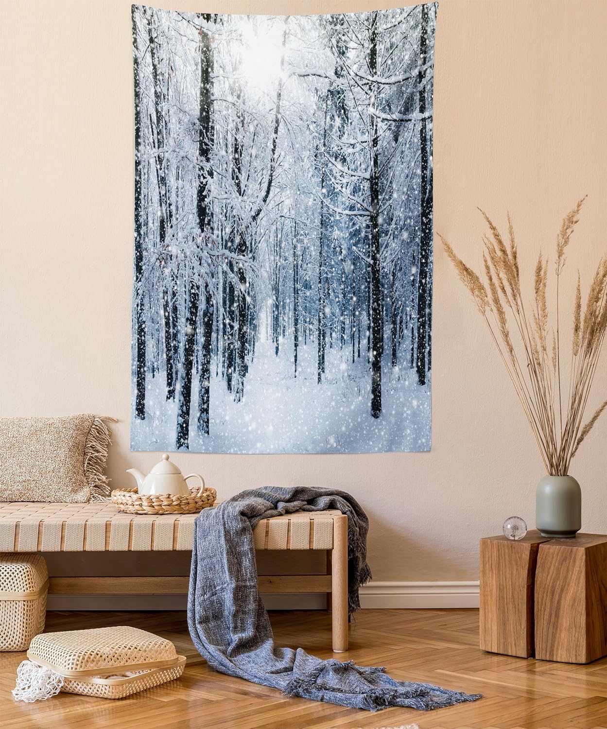 Ambesonne Winter Tapestry, Snow Covered Forest Idyllic Early Morning Scenery Seasonal Xmas Nature, Wall Hanging for Bedroom Living Room Dorm Decor, 60 X 80, Black White Slate Blue