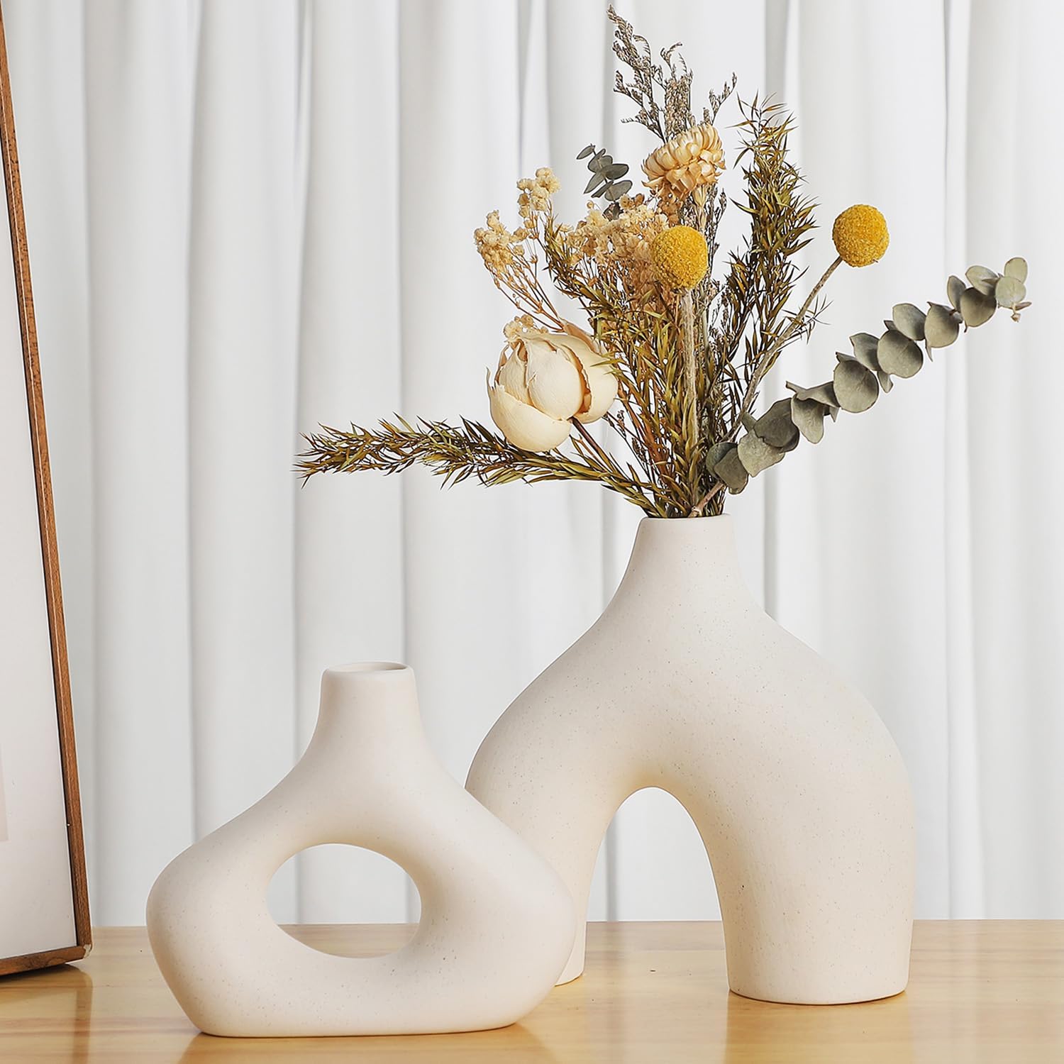 CEMABT White Ceramic Vase Set of 2 for Modern Minimalist Bohemian DecorRound Matte Donut Vases for Pampas Grass-Perfect for Living Room, Dining Table, Office Bedroom Shelf Decor Entryway, Console