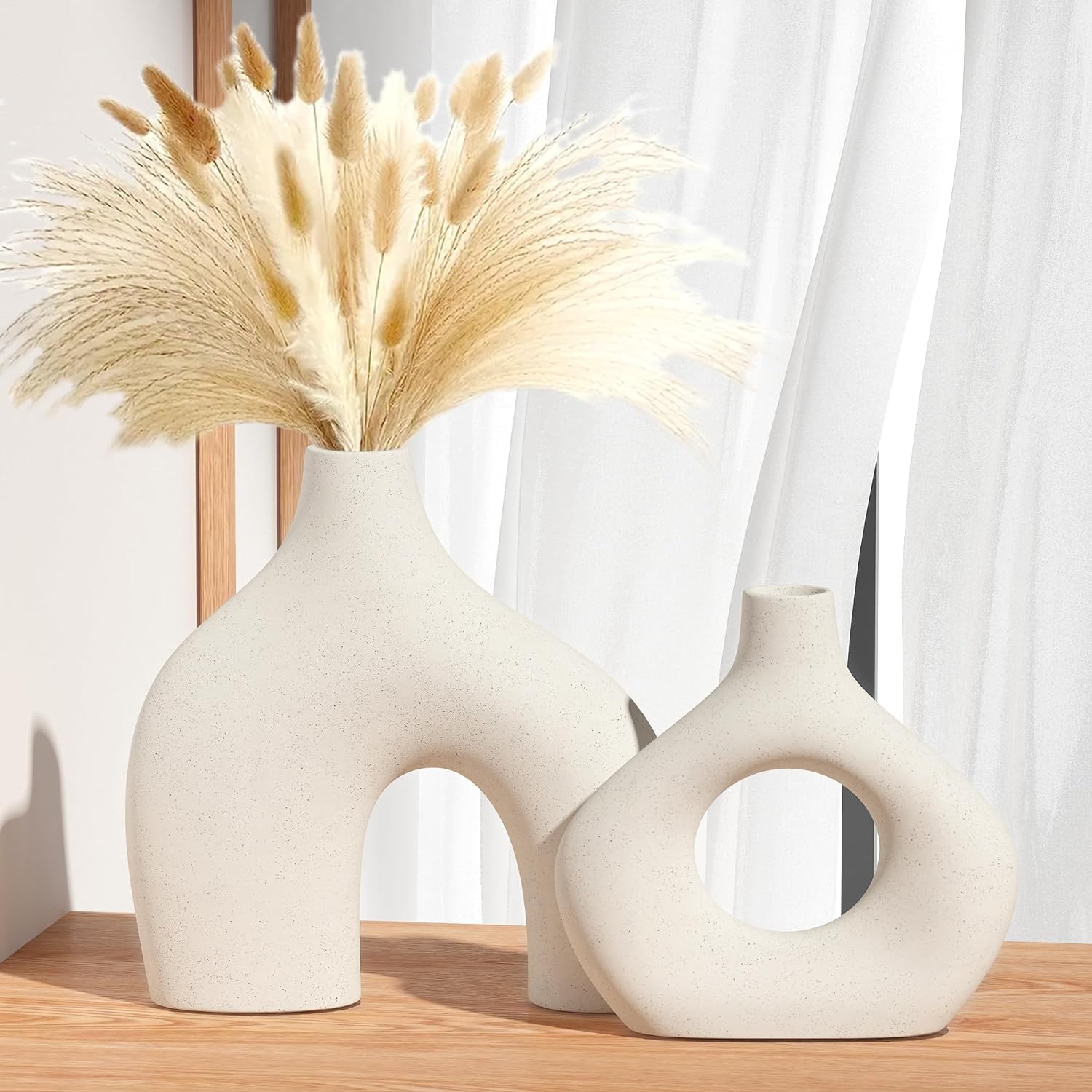 Zormon White Ceramic Vase Set of 2, Pampas Grass Vases for Home Decor, Round Matte Boho Vases for Flowers, Nordic Minimalism Style vase for Living Room Bedroom Shelf Decor