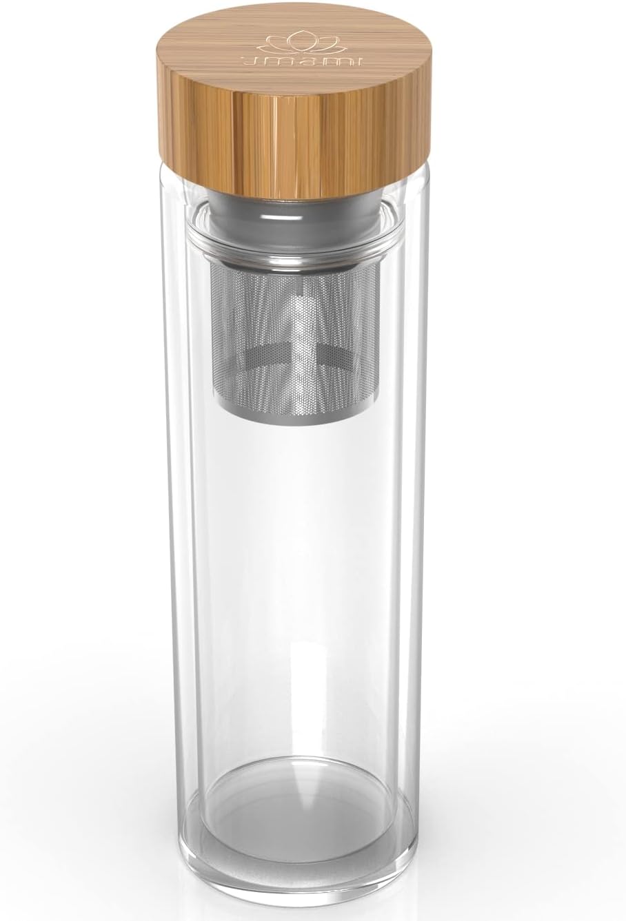 Umami Glass Water Bottle With Tea Infuser And Non Slip Sleeve. Double Wall Borosilicate. Travel Tumbler With Bamboo Lid. 17oz. Design: Classic