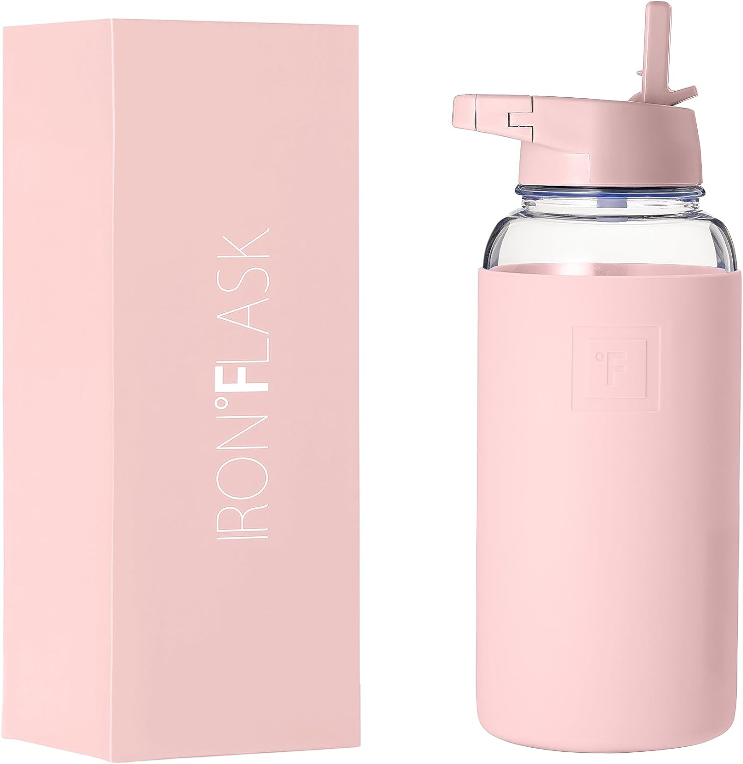 IRON FLASK Glass Sports Water Bottle - The Scout - 32 Oz Straw Lid, Airtight Leak Proof, Vacuum Insulated, Thick Durable Borosilicate Glass, Silicone Sleeve, Temperature Retention, Rose