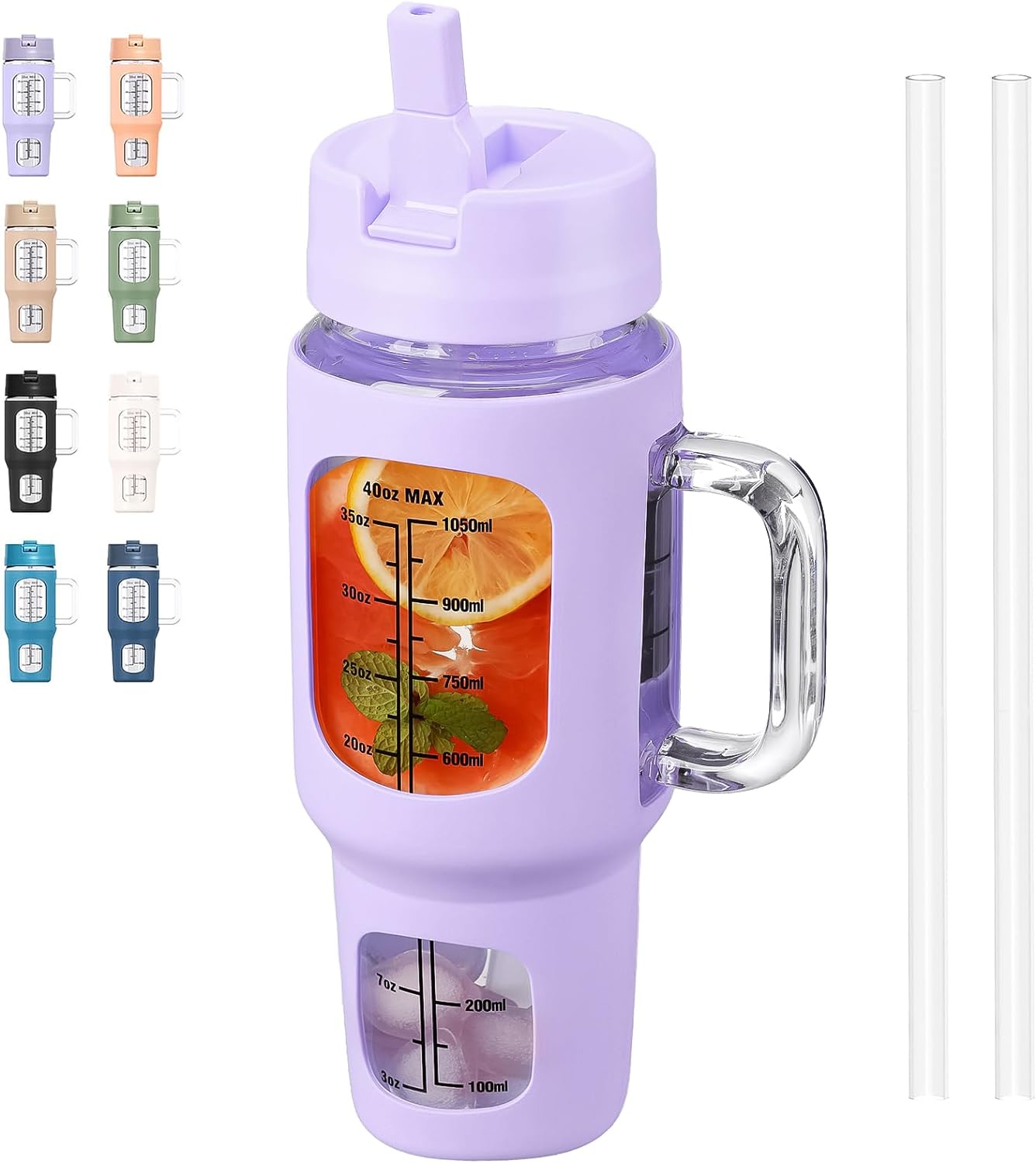 NOLOGLAZIC Glass Tumbler with Straw and Lid, 40 oz Glass Water Bottles with Handle, Leak Proof Glass Cup with Time Marker, Built-In Straw Lid, Cupholder Friendly BPA Free - Purple