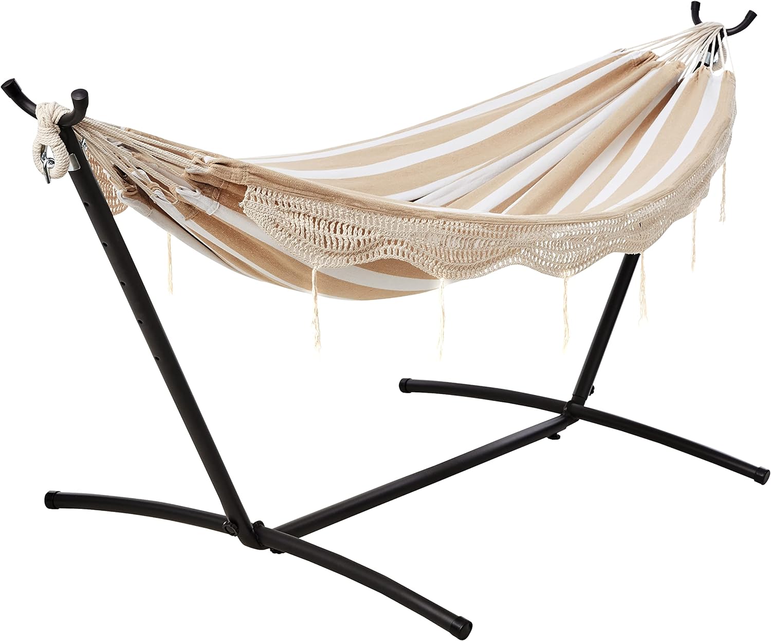 Amazon Basics Double Hammock with 9-Foot Space Saving Steel Stand and Carrying Case, Beige Stripe with Lace, 450 lb Capacity, 110 x 47 x 43 inches