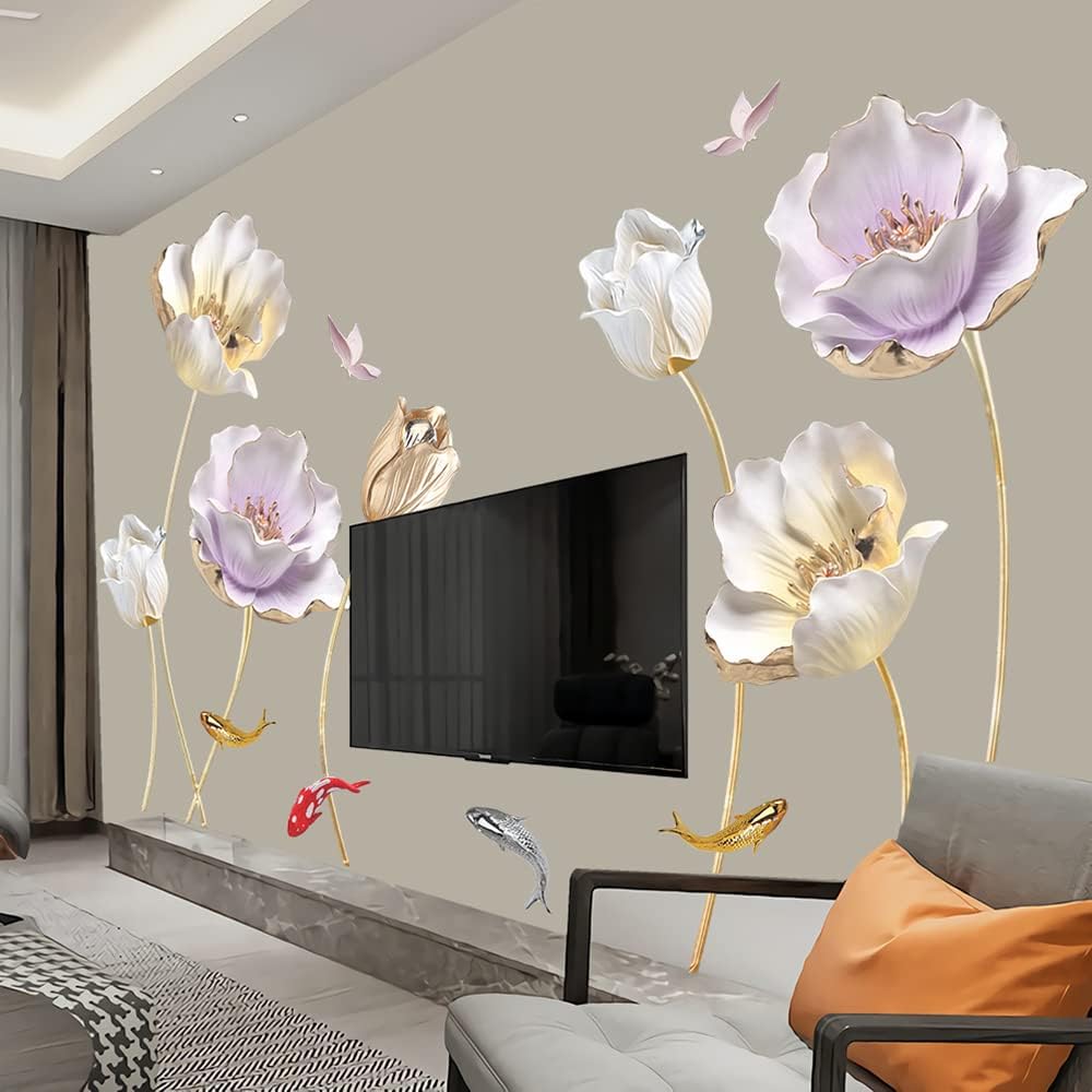 Supzone 3D Flower Wall Stickers Lotus Floral Wall Decal Colorful Blossom and Carp Wall Decor DIY Vinyl Mural Art for Bedroom Living Room Offices Sofa TV Backdrop Wall Decoration