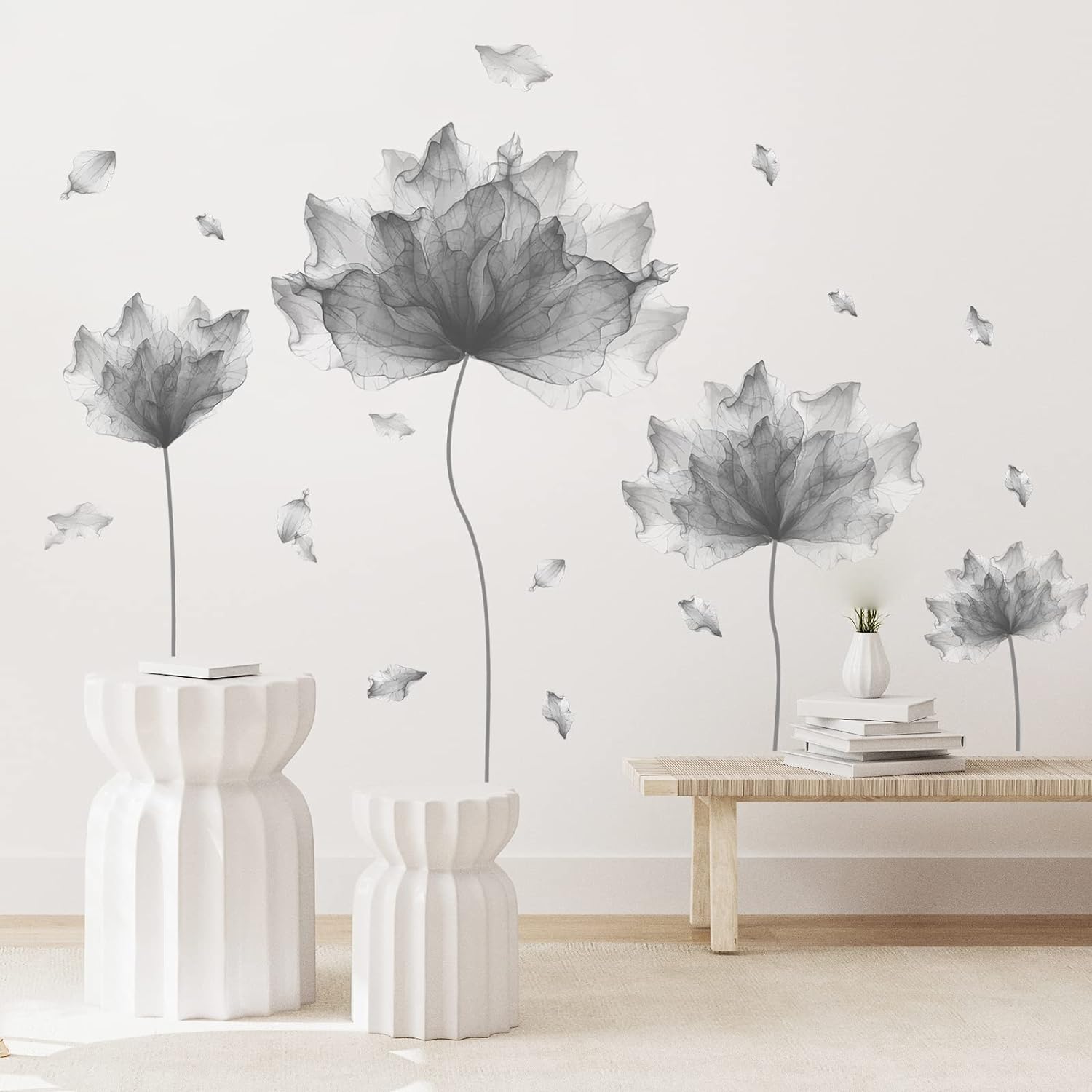 RoyoLam 39.3'' x 32.6'' Huge Flower Petal Wall Decals Living Room Floral Wall Stickers Removable Peel and Stick Waterproof Wall Art Decor Stickers for Bedroom Bathroom Office (Gray)