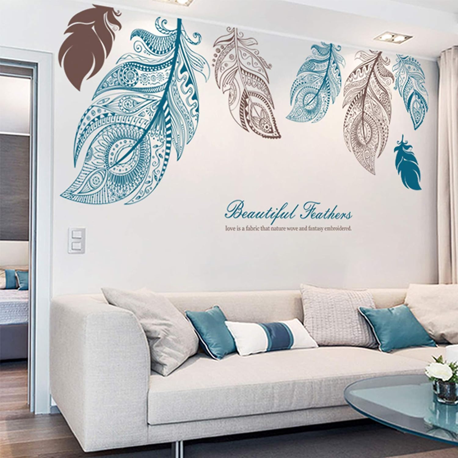 Wall Decals M ACHOOSE Blue Feathers Large Wall Stickers Peel and Stick Removable Decal Stick DIY Wall Art Murals Home Wall Decor for Bedroom Living Room Classroom Office Wall Decaoration
