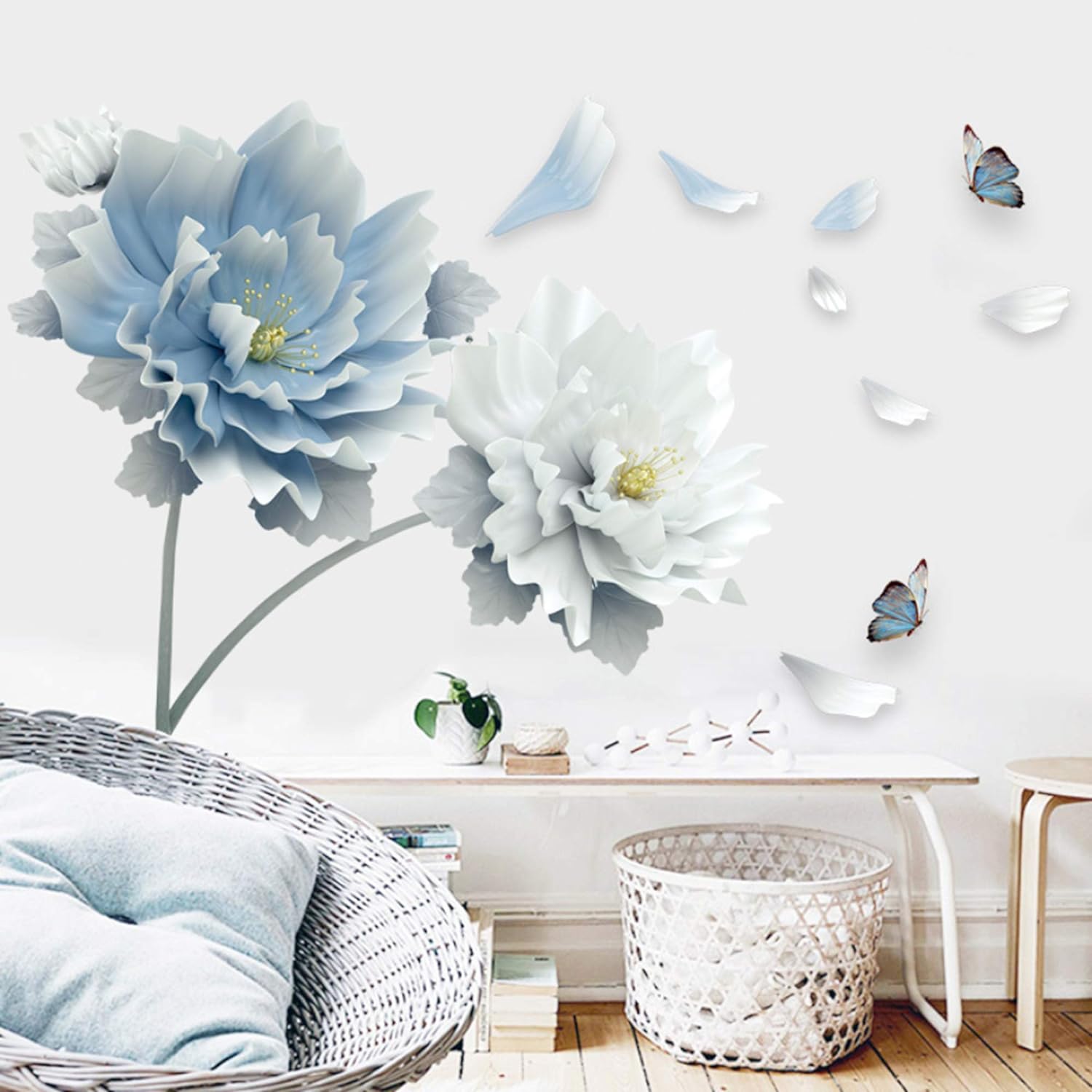 ROFARSO 49.2'' x 30.7'' 3D Blue Flowers Butterflies Wall Stickers Vinyl Removable Large Wall Decals Art Decorations Decor for Bedroom Living Room Office Study Room Murals