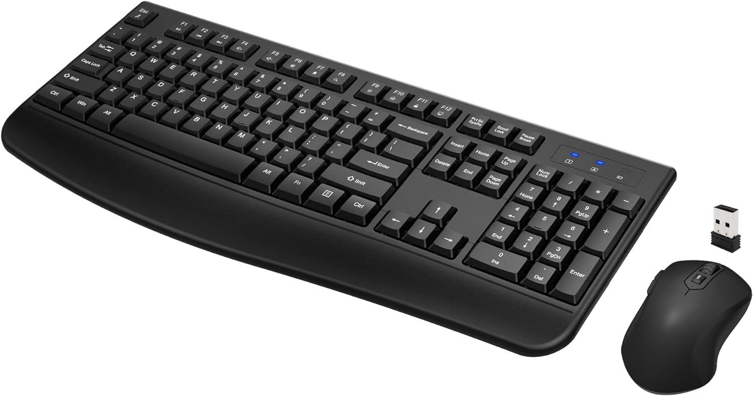 Full-Sized 2.4GHz Wireless Keyboard and Mouse Combo with Comfortable Palm Rest for Windows, Mac OS PC/Desktops/LaptopsBlack