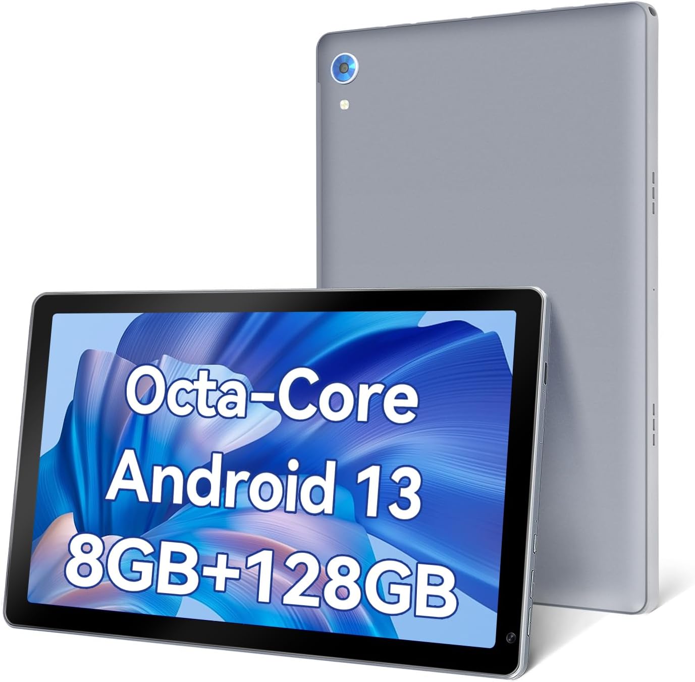 Octa-Core Android Tablet, 10.1 Inch Android 13 Tablet, 8(4+4) GB RAM+128GB ROM(TF 1TB Expand), Camera 5MP+8 MP, Dual Camera, Fast Charging, 5000mAh, Google GMS Certified (Gray)