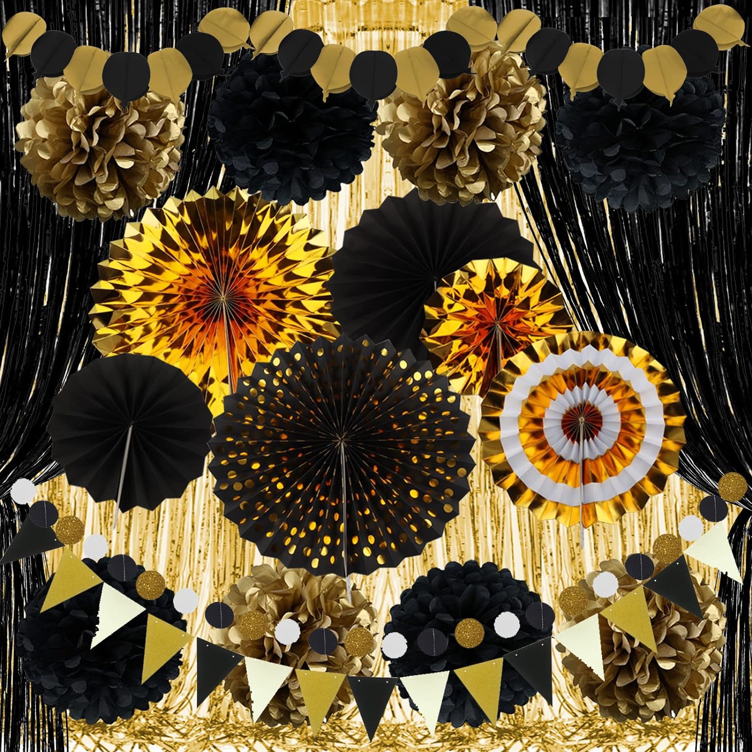 ZERODECO Gold and Black Party Decorations, Hanging Paper Fan Pom Poms Pennant Garland String Banner Fringe Curtains Birthday Parties Graduation Wedding Happy New Year Eve Party Decorations