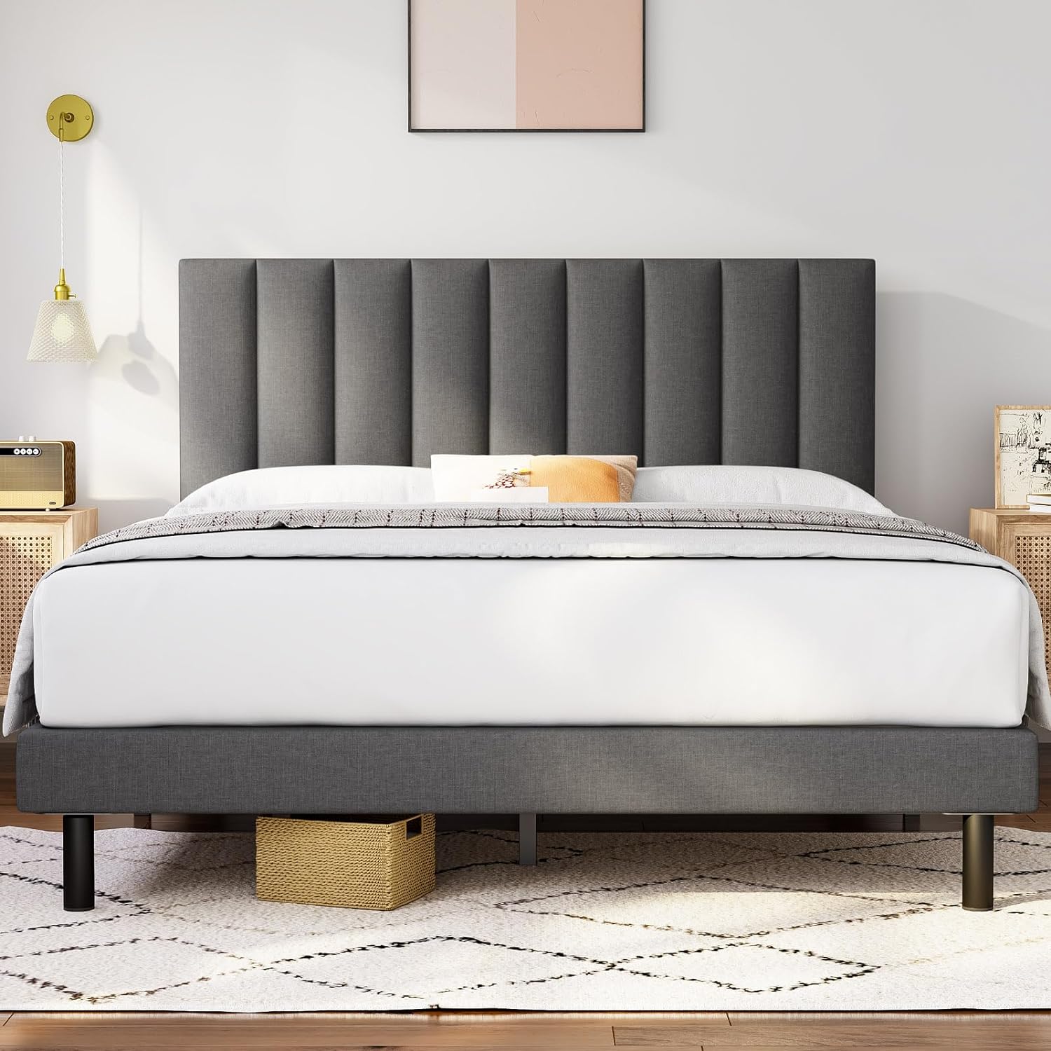 Molblly Full Size Bed Frame Upholstered Platform with Headboard and Strong Wooden Slats,Mattress Foundation,Non-Slip and Noise-Free,No Box Spring Needed, Easy Assembly,Dark Gray