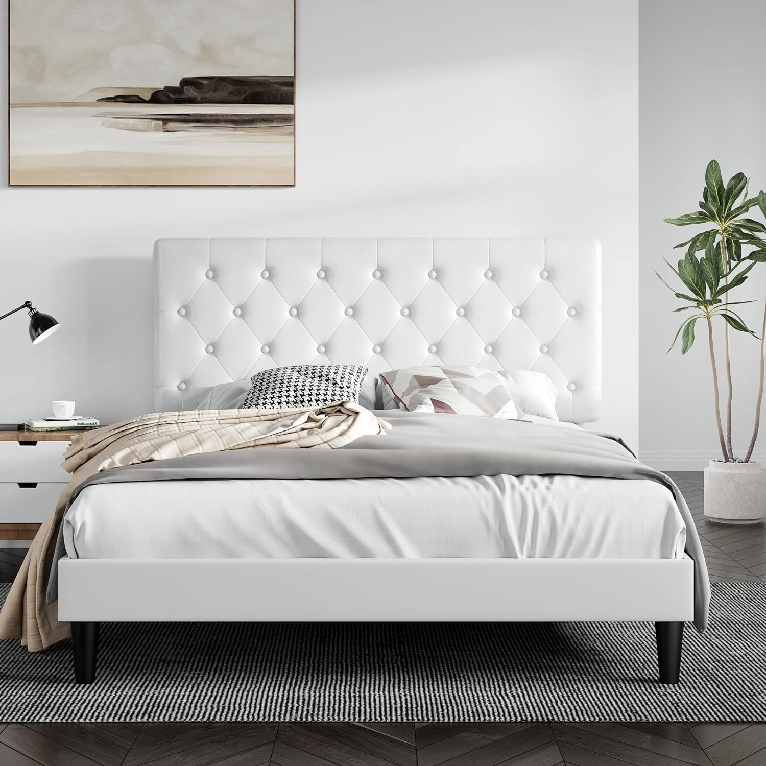 SHA CERLIN Full Size Bed Frame with Button Tufted Headboard, Faux Leather Upholstered Mattress Foundation, Platform Bed Frame, Wooden Slat Support, No Box Spring Needed, White