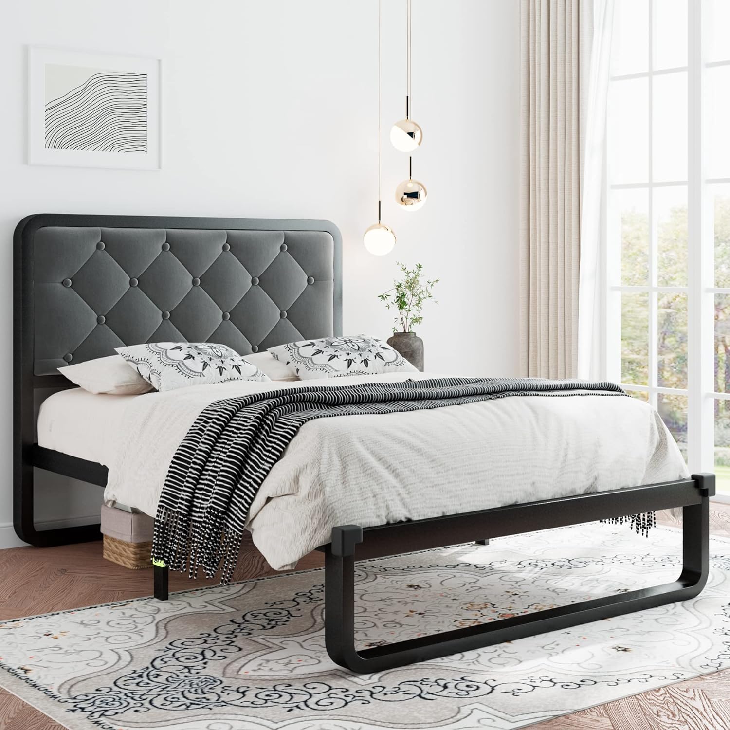 iPormis Twin Size Metal Bed Frame with Upholstered Headboard, Curved Platform Bed Frame, Thicker Metal Steel Slats Support, 12'' Under-Bed Space, Noise-Free, Easy Assembly, Dark Gery