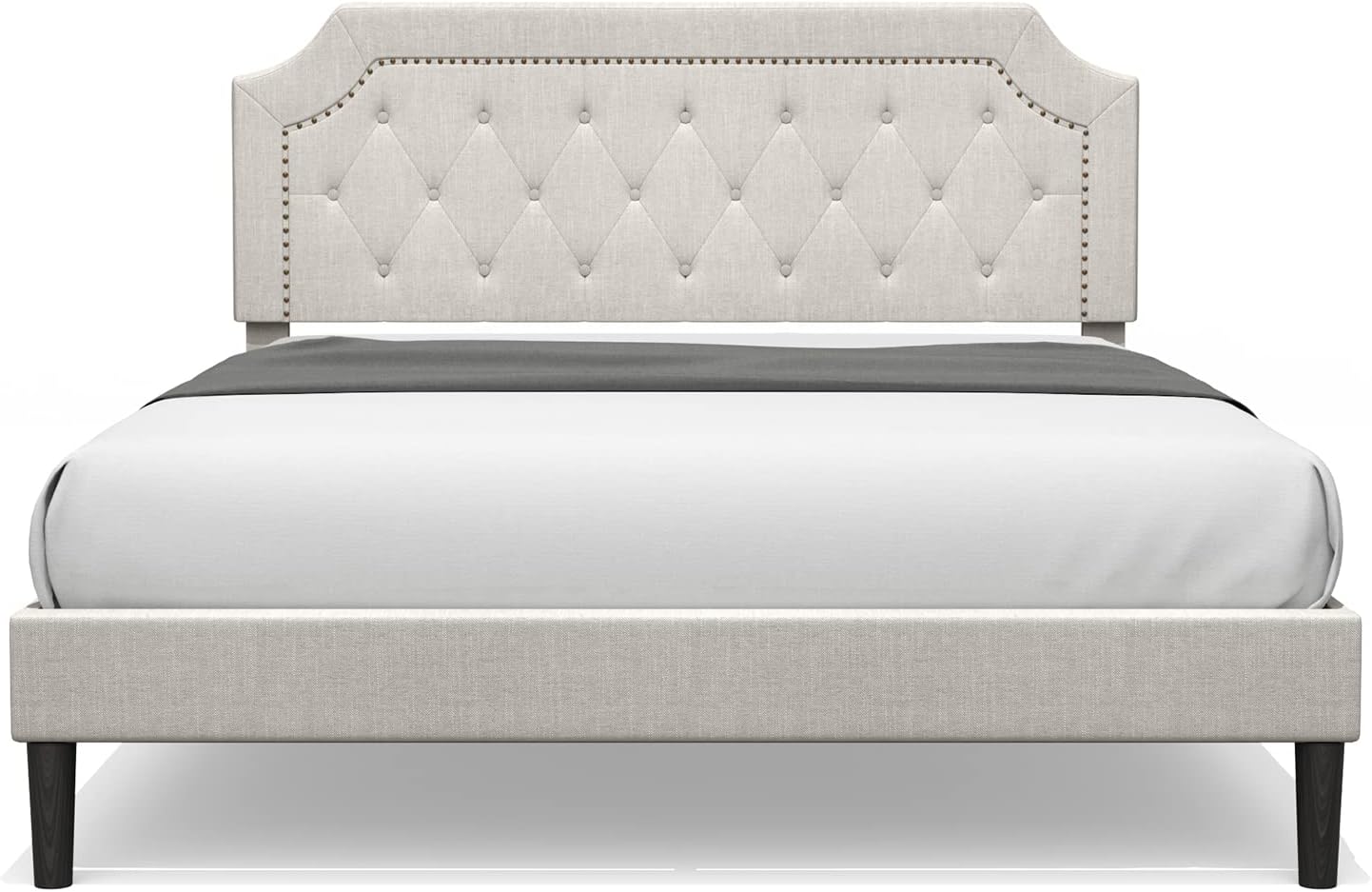 BONSOIR King Size Bed Frame Upholstered Low Profile Traditional Platform with Tufted and Nail HeadboardLinen Fabric Upholstery Color of Sand (Sand, King Size)