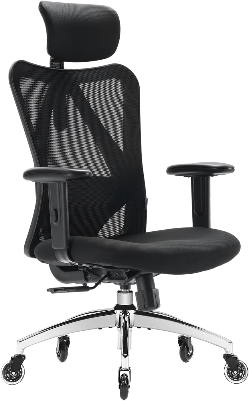 XUER Ergonomic Office Chair, Mesh Computer Desk Chair with Adjustable Sponge Lumbar Support, Thick Cushion, PU Armrest and Headrest, High Back Swivel Home Office Task Chair for Work (Black)