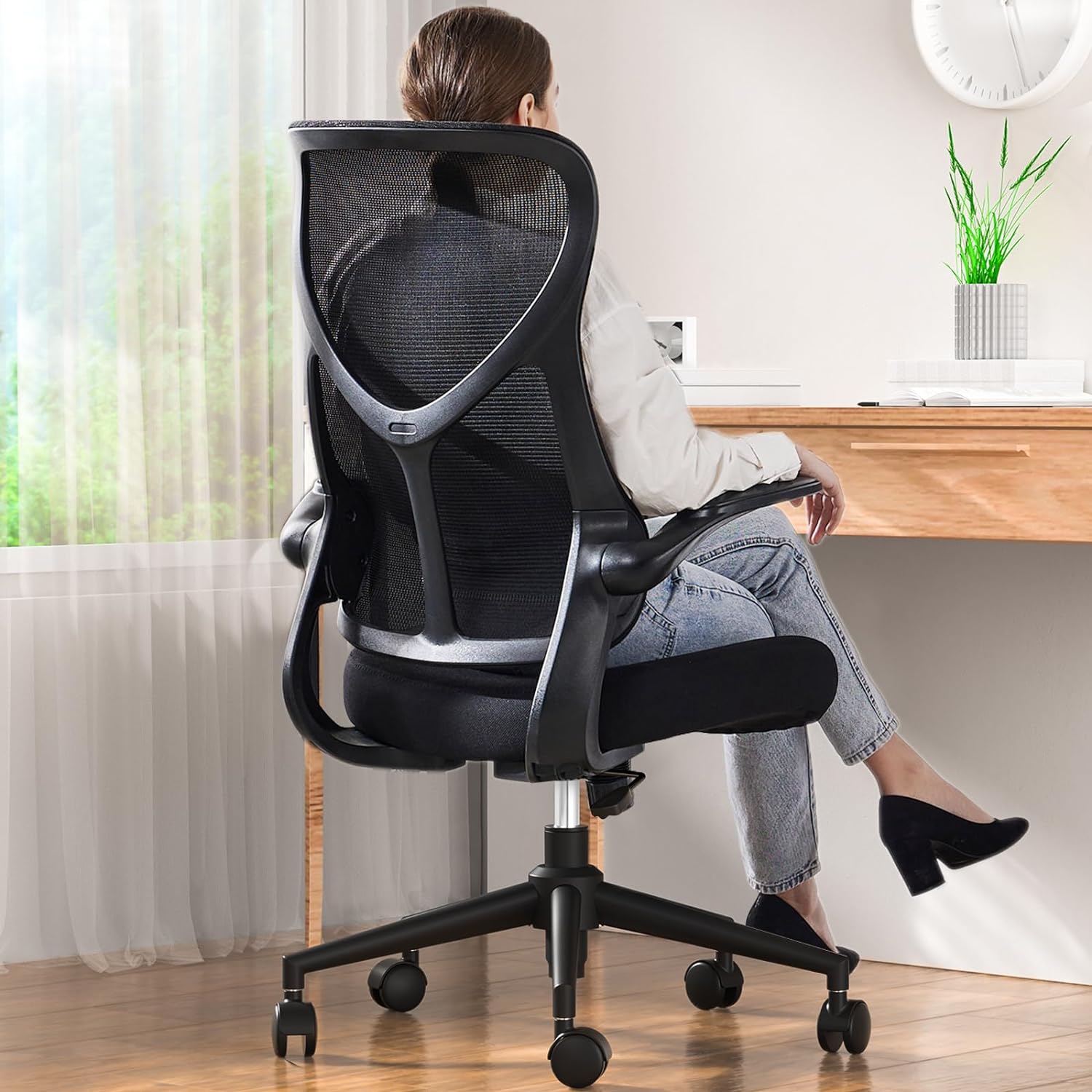 Sweetcrispy Ergonomic Office Desk Computer Chair, Comfy High Back Swivel Rolling Home Mesh Gaming Chairs with Wheels, Lumbar Support, Flip-up Arms,120tilt for Bedroom, Study, Work, Black