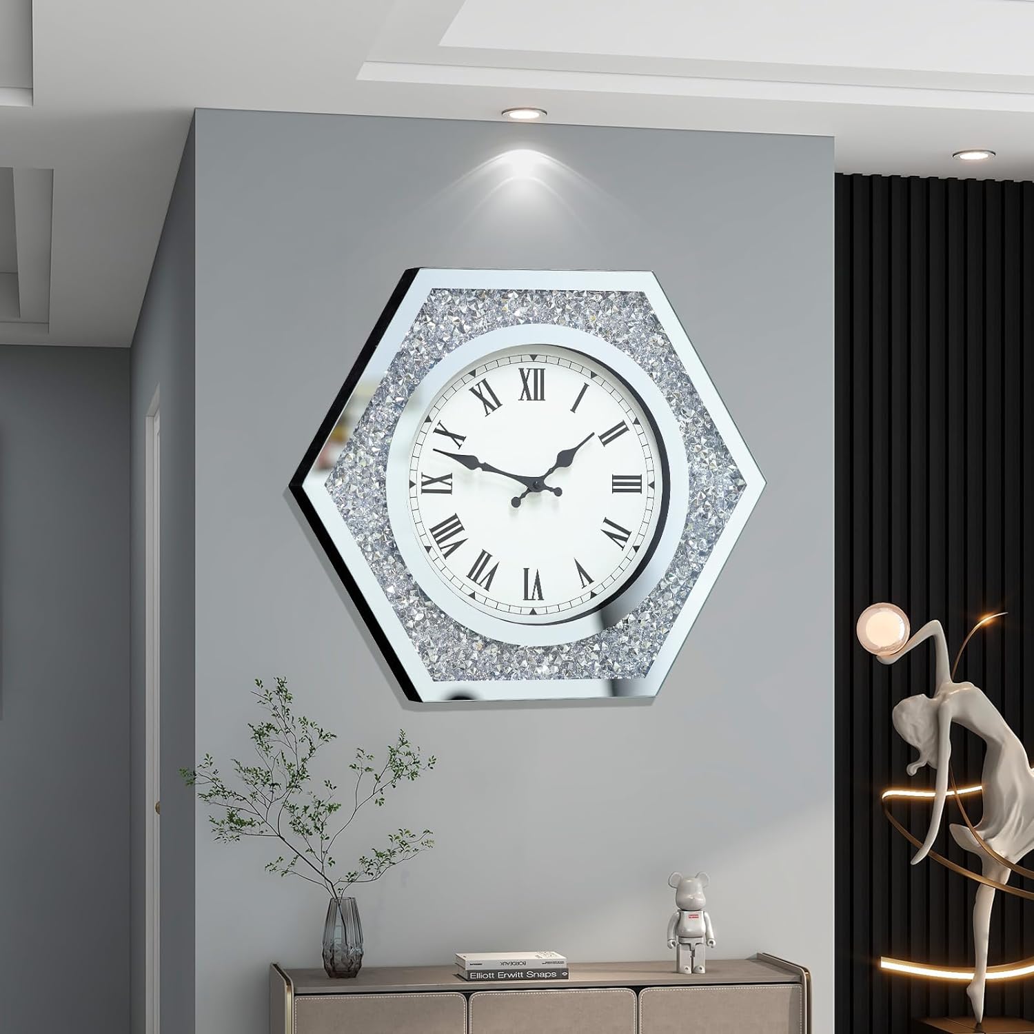 JTWALCLOCK Large Wall Clock for Living Room Decor Crystal Crush Diamond Mirrored Sparkle Twinkle Bling Modern Wall Clock Big Silver Mirror Home Decorative 20 inch Silent Wall Clock for Indoor Decor
