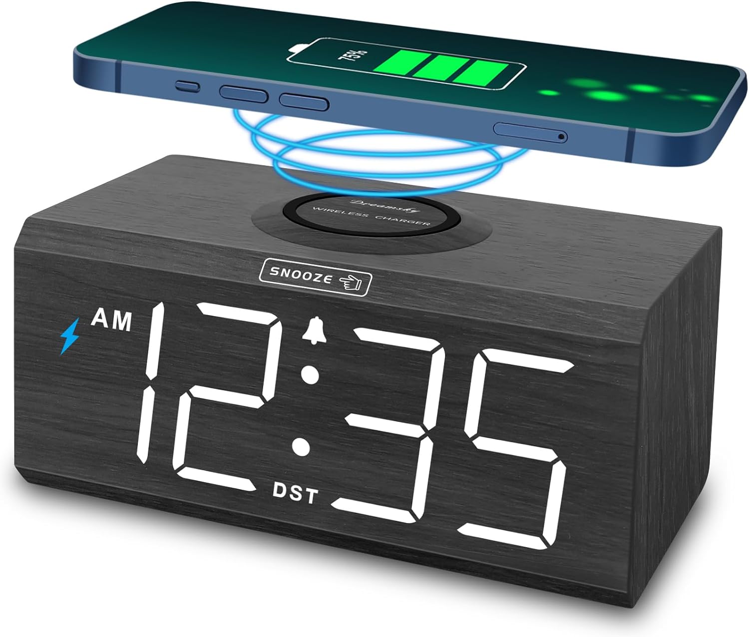 DreamSky Alarm Clock with Wireless Charging - Wooden Digital Clock for Bedroom Nightstand, 18W Fast Charger, USB Port, Large Numbers, Battery Backup, Adjustable Volume, Dimmer, DST