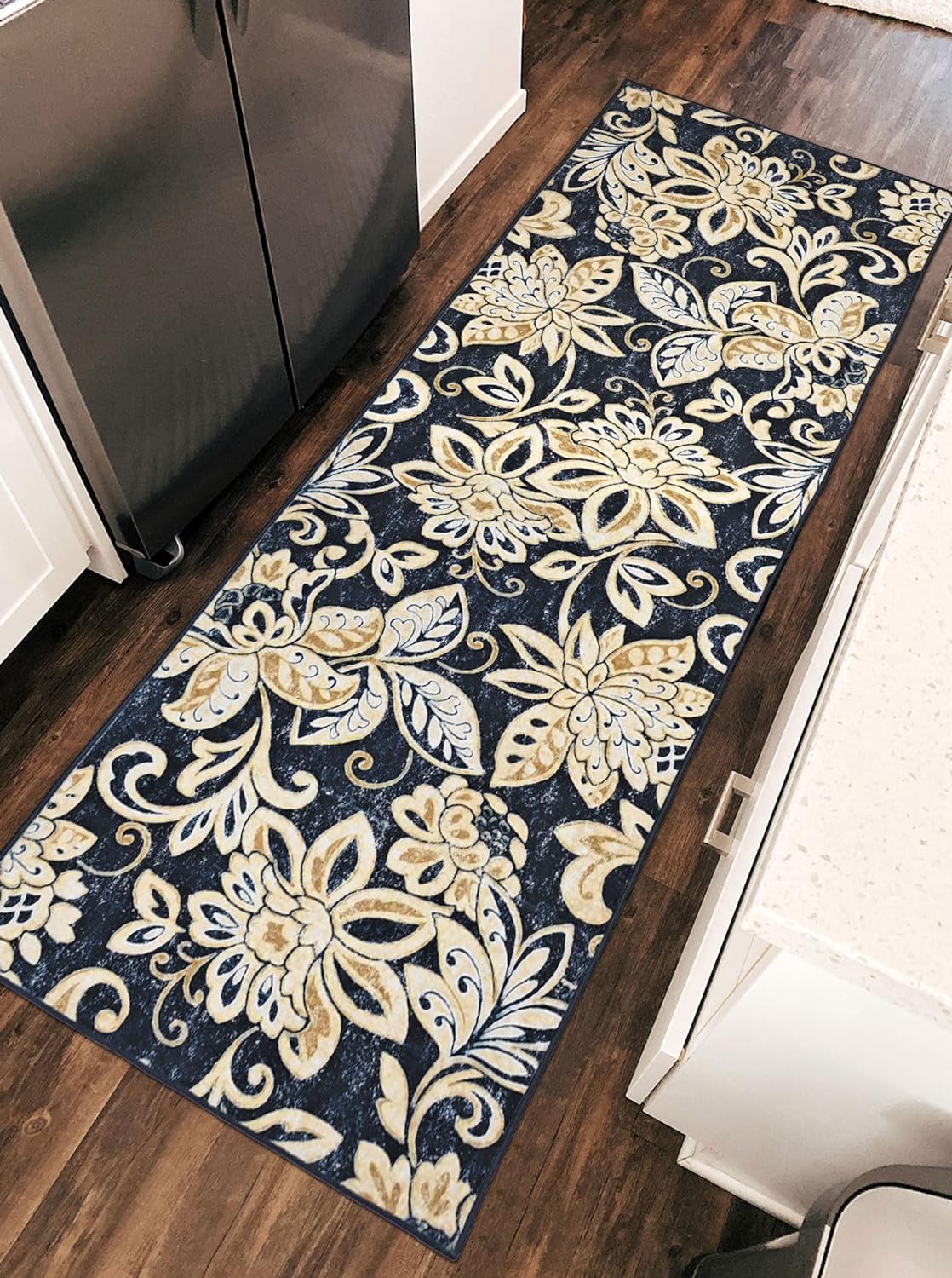 Othilic Runner Rug 2x6 Kitchen Runner Rugs Non-Slip Washable Black Modern Floral Hallway Runner Rug for Entryway Indoor Vintage Soft Carpet Runner Rug for Hallway Bedroom Bathroom Laundry Room